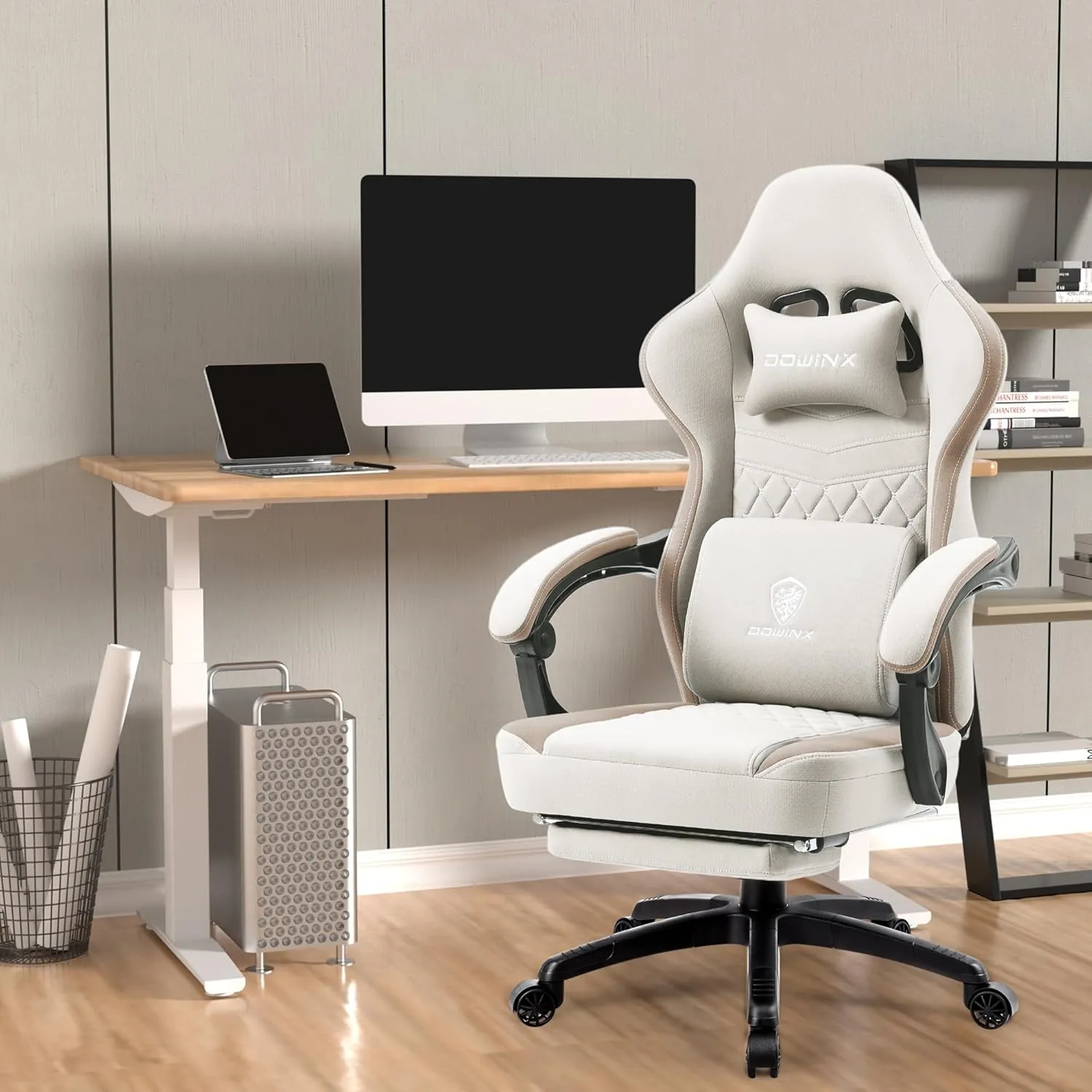 Dowinx Gaming Chair Breathable Fabric Computer Chair with Pocket Spring Cushion, Comfortable Office Chair with Gel Pad and Storage Bag,Massage Game Chair with Footrest,Beige