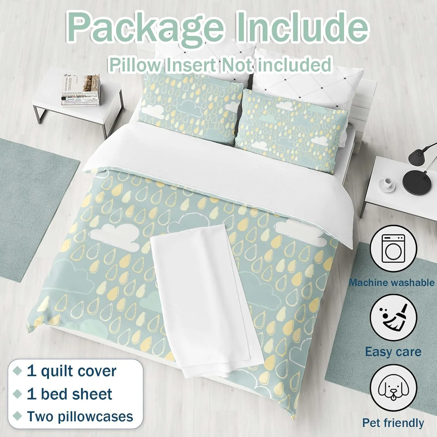 Duvet Cover Twin Size, Duvet Cover Set for Woman Girls, 4 Piece Cute Snowflake Bear Raindrop Cloud Flower Fish Cartoon Pattern Microfiber Bedding Set with 2 Pillowcases (B, Twin)