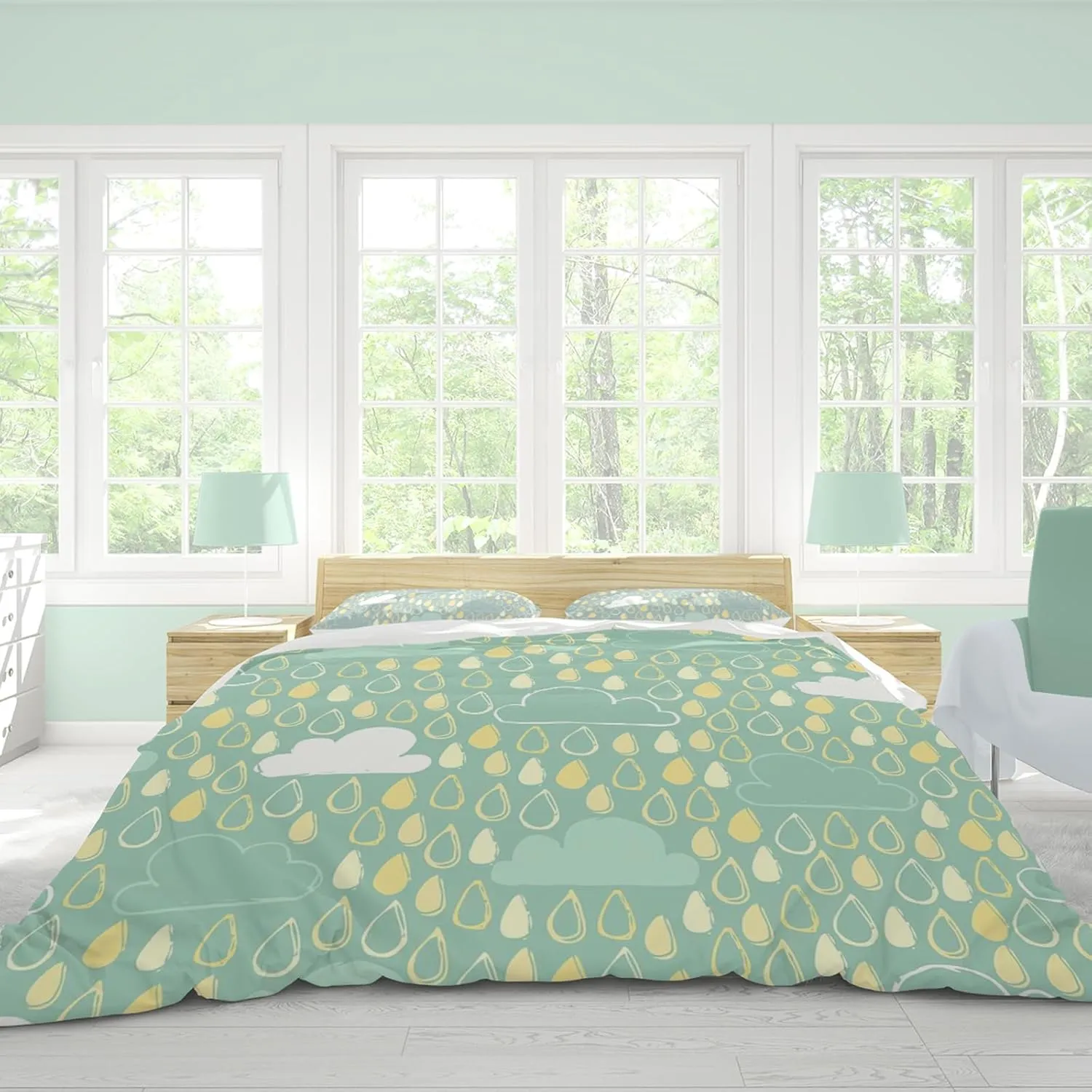 Duvet Cover Twin Size, Duvet Cover Set for Woman Girls, 4 Piece Cute Snowflake Bear Raindrop Cloud Flower Fish Cartoon Pattern Microfiber Bedding Set with 2 Pillowcases (B, Twin)