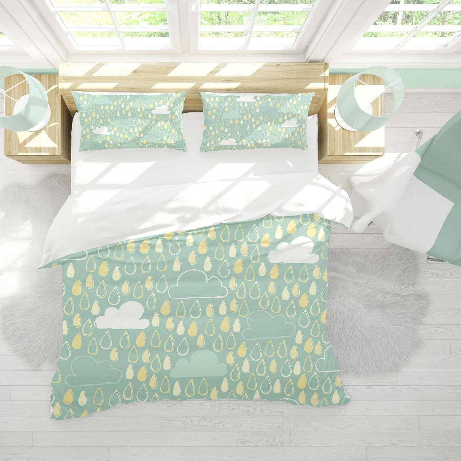 Duvet Cover Twin Size, Duvet Cover Set for Woman Girls, 4 Piece Cute Snowflake Bear Raindrop Cloud Flower Fish Cartoon Pattern Microfiber Bedding Set with 2 Pillowcases (B, Twin)