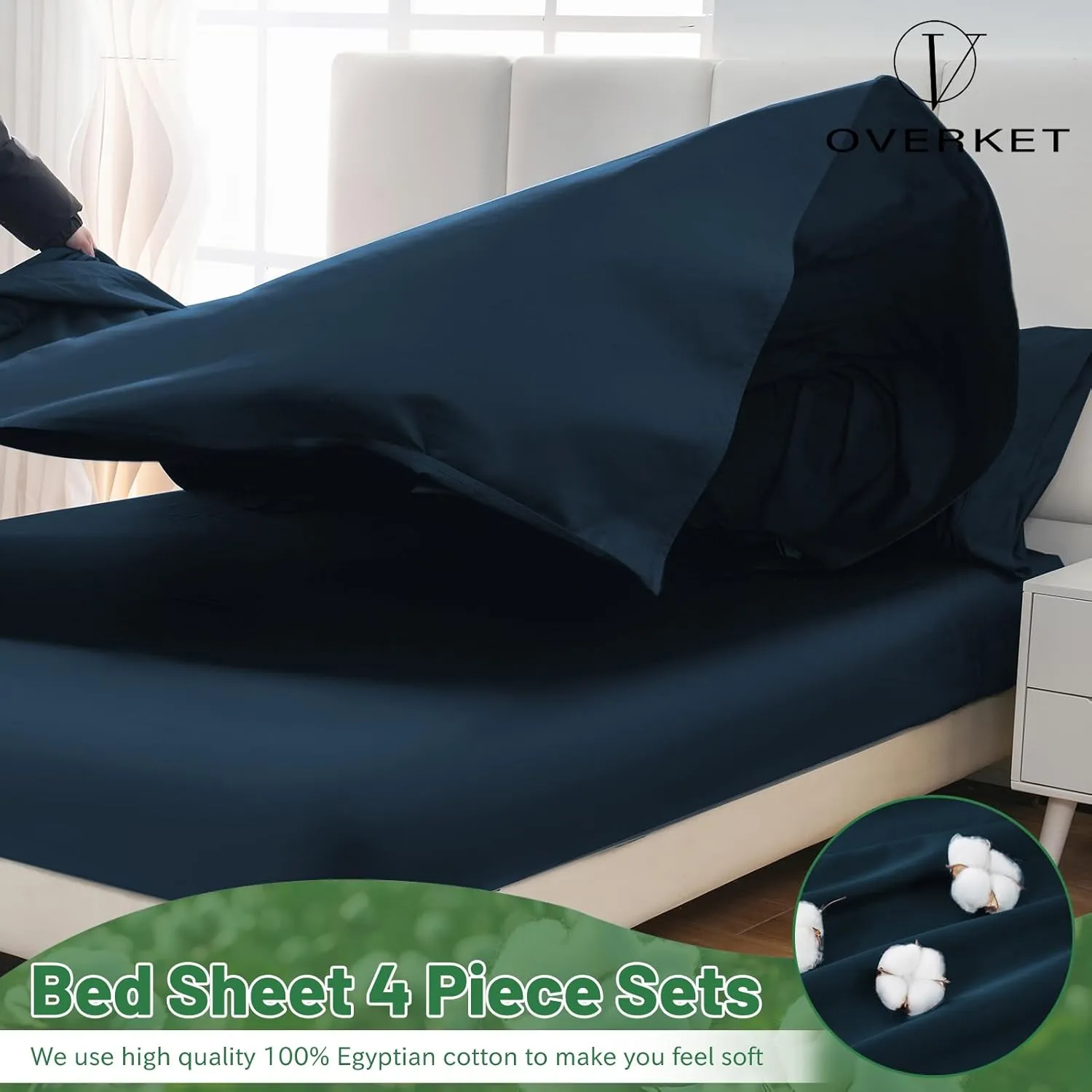 Egyptian Cotton Sheets Full Size 1000 Thread Count Sateen Weave Soft Breathable 16-Inch Deep Pocket 4PCS（Full,Navy）