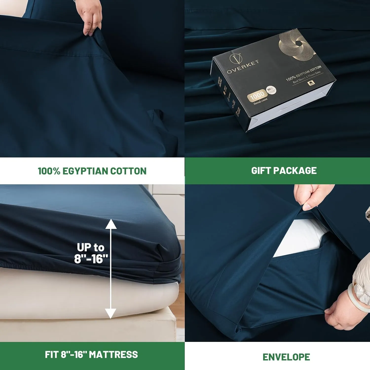 Egyptian Cotton Sheets Full Size 1000 Thread Count Sateen Weave Soft Breathable 16-Inch Deep Pocket 4PCS（Full,Navy）