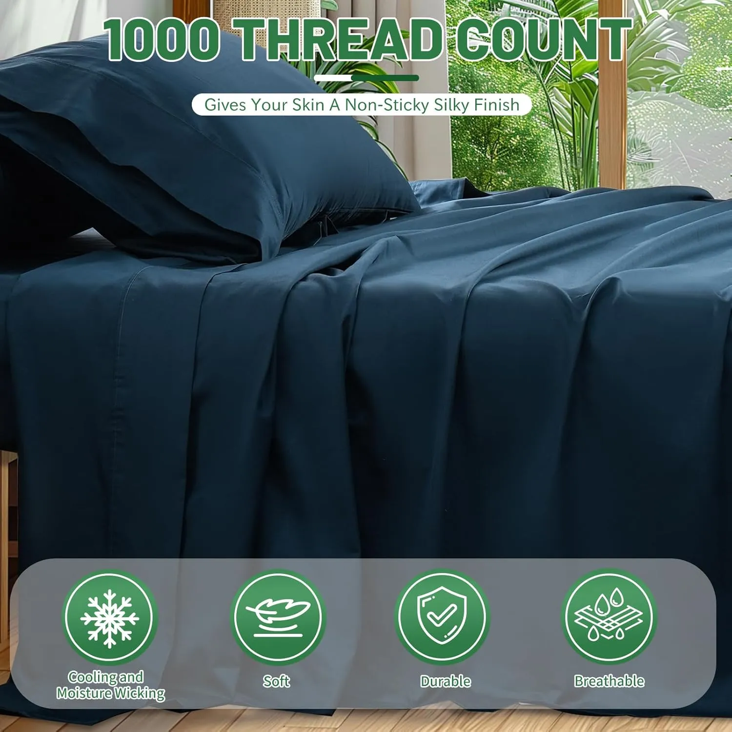 Egyptian Cotton Sheets Full Size 1000 Thread Count Sateen Weave Soft Breathable 16-Inch Deep Pocket 4PCS（Full,Navy）