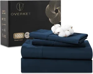 Egyptian Cotton Sheets Full Size 1000 Thread Count Sateen Weave Soft Breathable 16-Inch Deep Pocket 4PCS（Full,Navy）