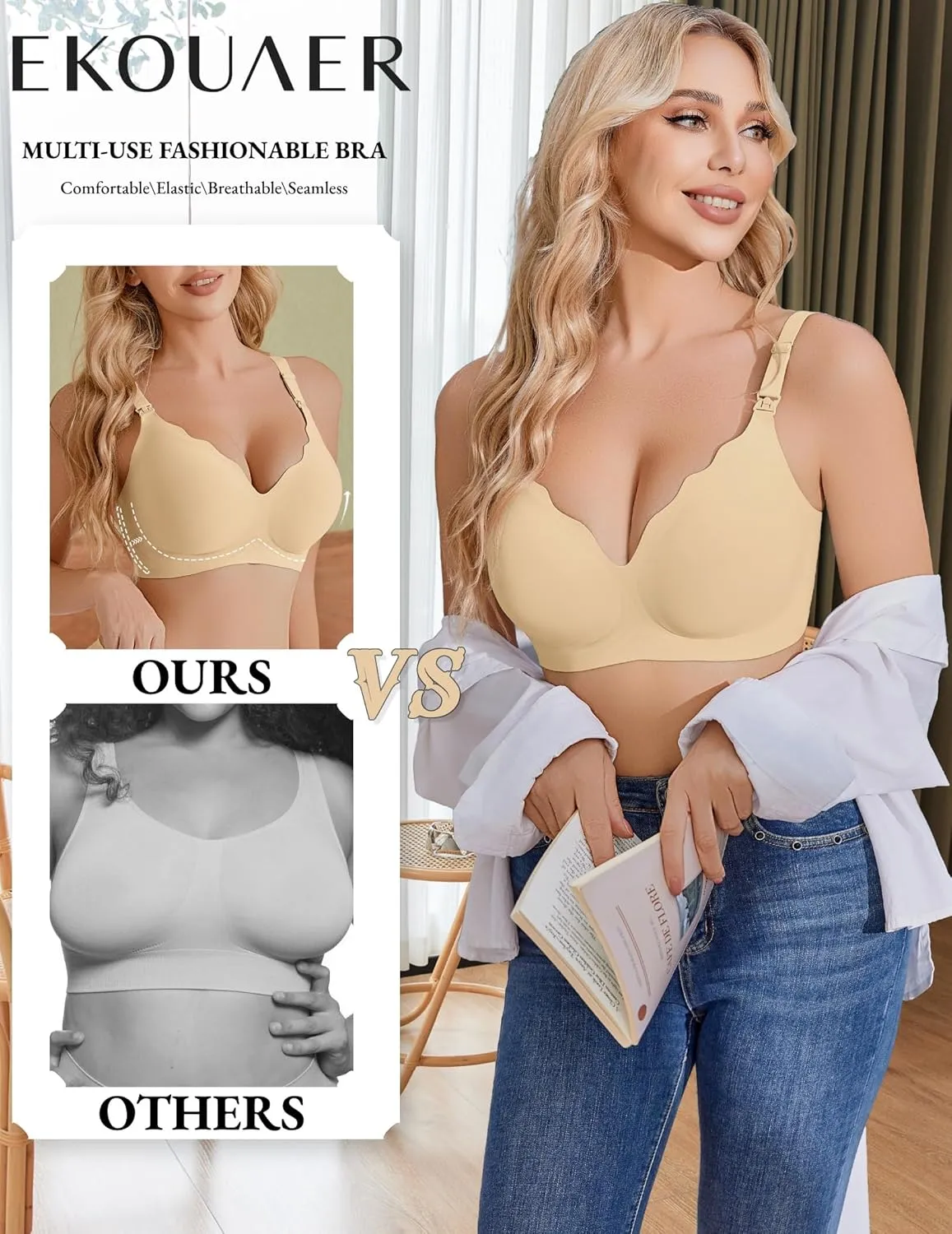 Ekouaer Nursing Bra Wavy Breastfeeding Bras for Women Seamless Maternity Support Wireless Pregnancy Sleep Bralette