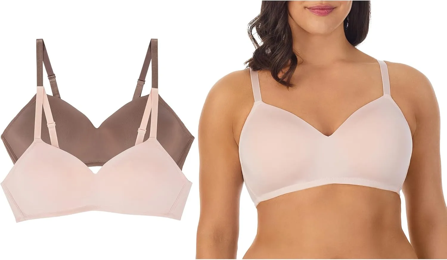 ELLEN TRACY Everyday Micro Wire-Free T-Shirt Bra - Smoothing Comfort - Adjustable Straps - 2-Pack Multipack - 36B Peachy Keen/Java