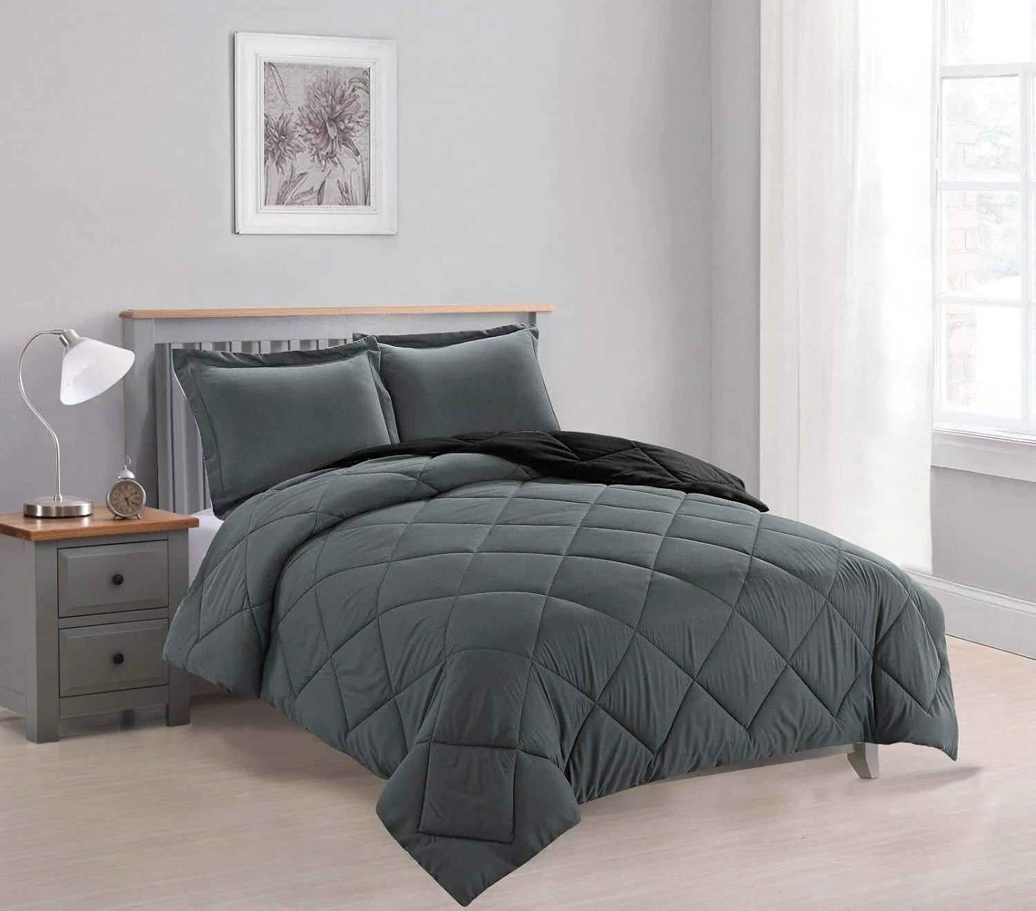 Empire Home 3-PC Reversible Down Alternative All Season Comforter Set with (Black/Gray, Queen Size)