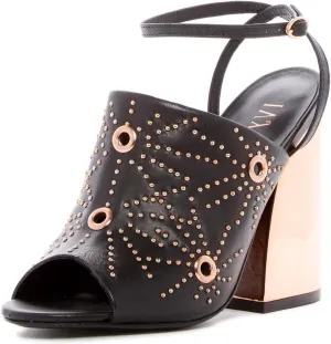 Epoque Black Peep-Toe Mule High Block Heel Gold Embellished Sandals