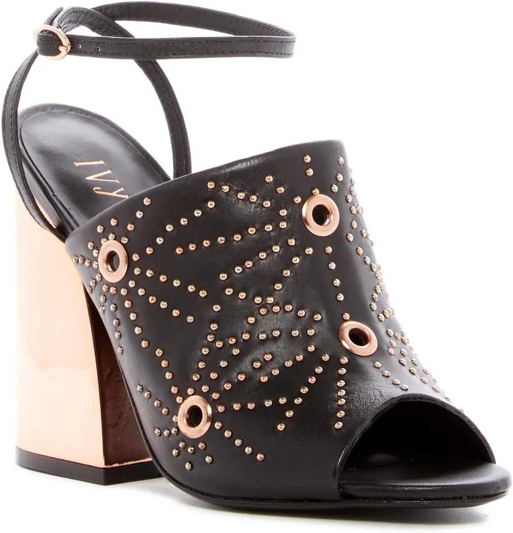Epoque Black Peep-Toe Mule High Block Heel Gold Embellished Sandals
