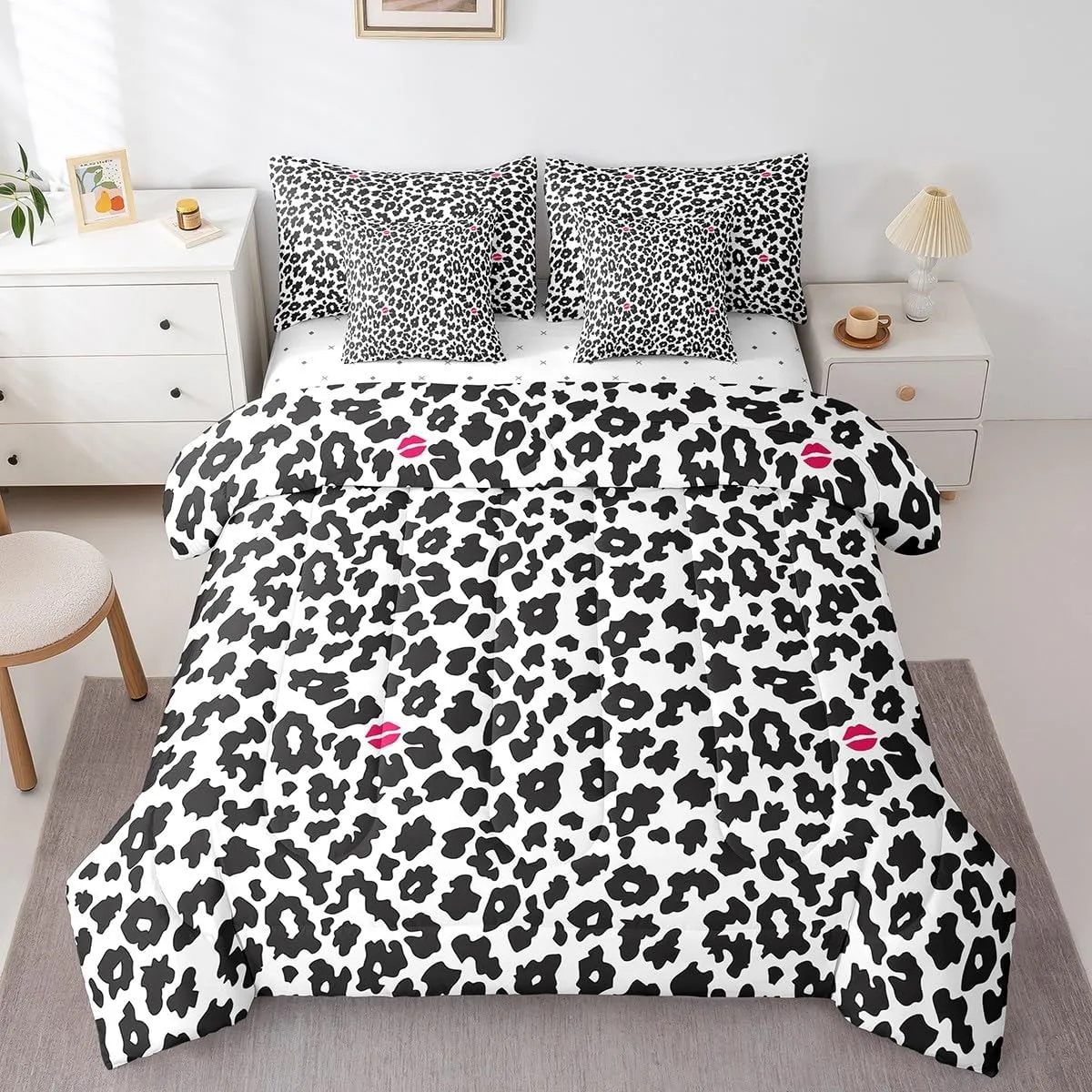 Erosebridal 7Pcs Milk Cow Comforter Set Queen, Dairy Cow Bedding Comforter Set for Kids, Lip Print Farmhouse Cowhide Print Bed in A Bag Geometric Black White Bed Sets with Comforter and Sheets