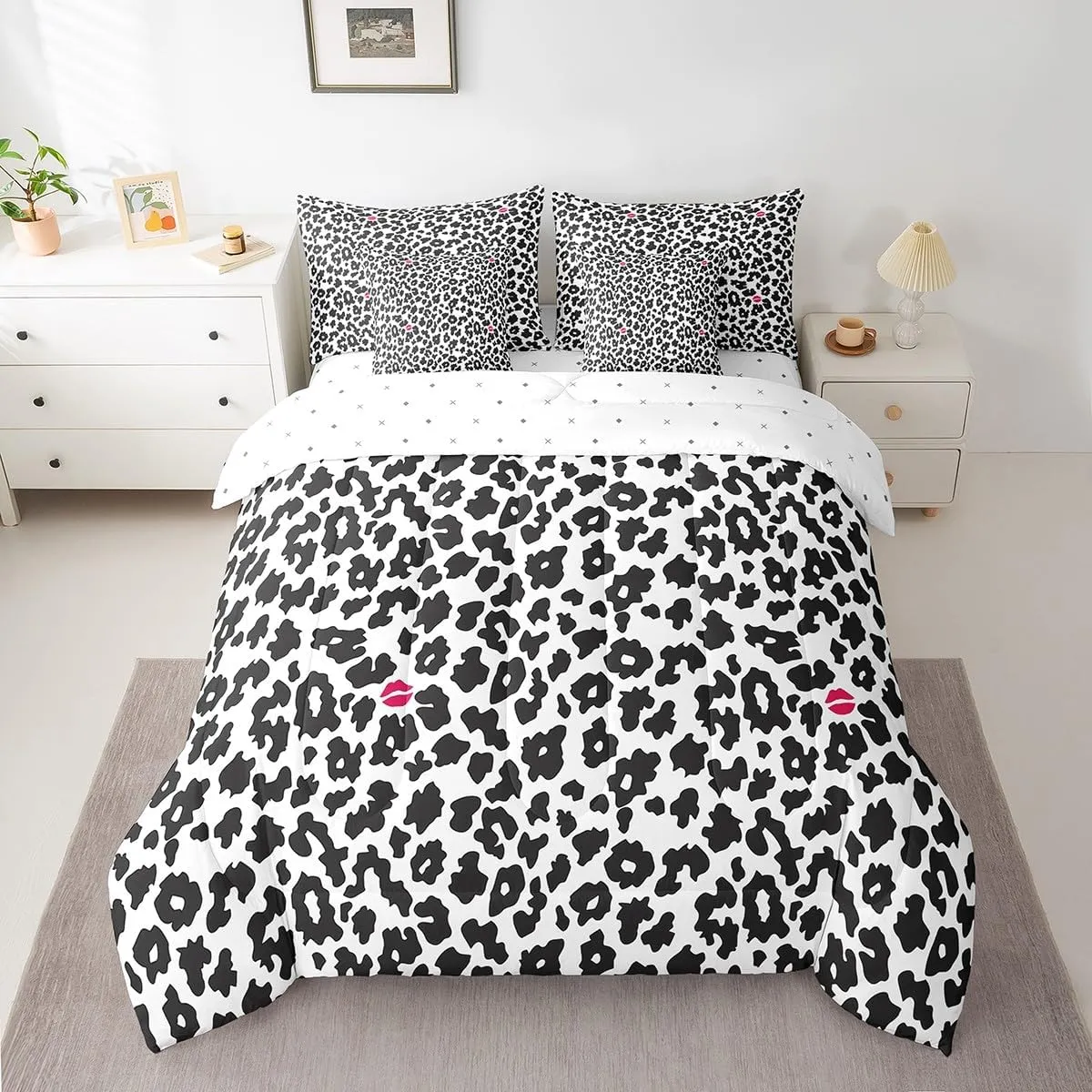Erosebridal 7Pcs Milk Cow Comforter Set Queen, Dairy Cow Bedding Comforter Set for Kids, Lip Print Farmhouse Cowhide Print Bed in A Bag Geometric Black White Bed Sets with Comforter and Sheets