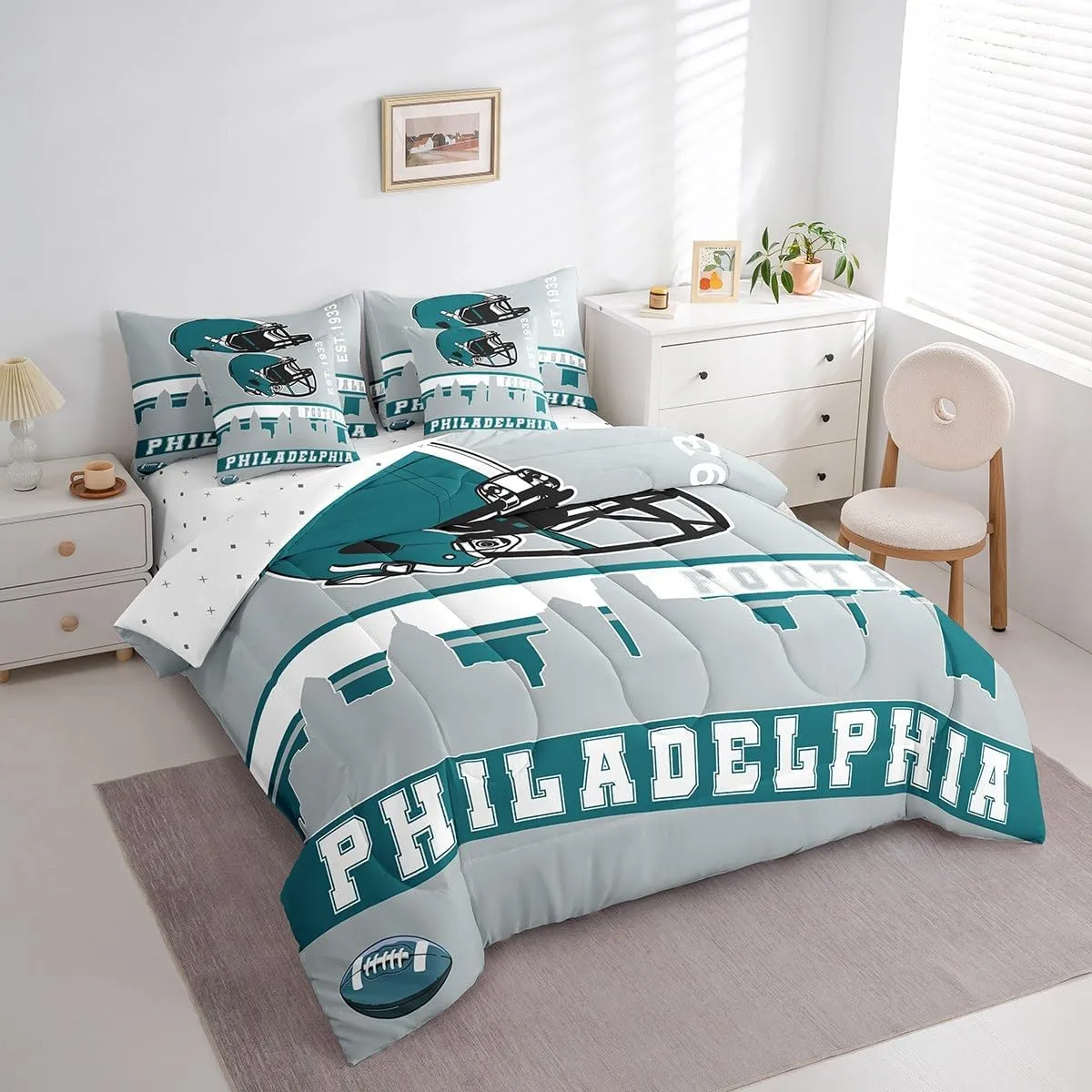 Erosebridal American Football 7 Pcs Comforter Set Twin Football City Bedding for Boys Girls Grey Football Fans Sheet Set Bed in A Bag Rugby Game Room Decor Sports Ball Competition Quilt(Philadelphia)