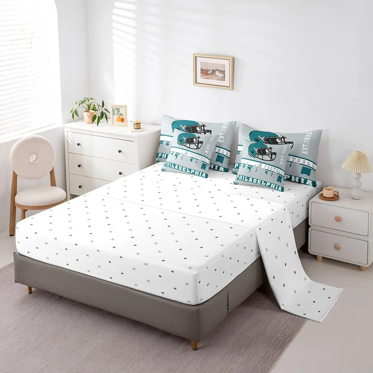 Erosebridal American Football 7 Pcs Comforter Set Twin Football City Bedding for Boys Girls Grey Football Fans Sheet Set Bed in A Bag Rugby Game Room Decor Sports Ball Competition Quilt(Philadelphia)
