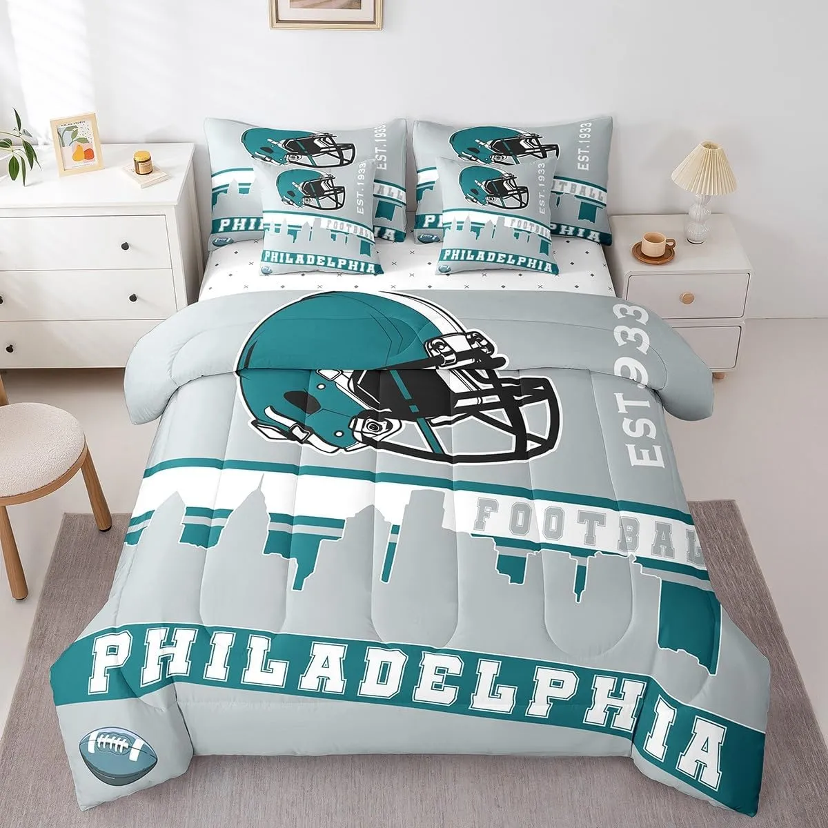 Erosebridal American Football 7 Pcs Comforter Set Twin Football City Bedding for Boys Girls Grey Football Fans Sheet Set Bed in A Bag Rugby Game Room Decor Sports Ball Competition Quilt(Philadelphia)