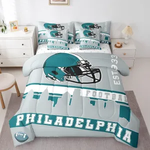 Erosebridal American Football 7 Pcs Comforter Set Twin Football City Bedding for Boys Girls Grey Football Fans Sheet Set Bed in A Bag Rugby Game Room Decor Sports Ball Competition Quilt(Philadelphia)