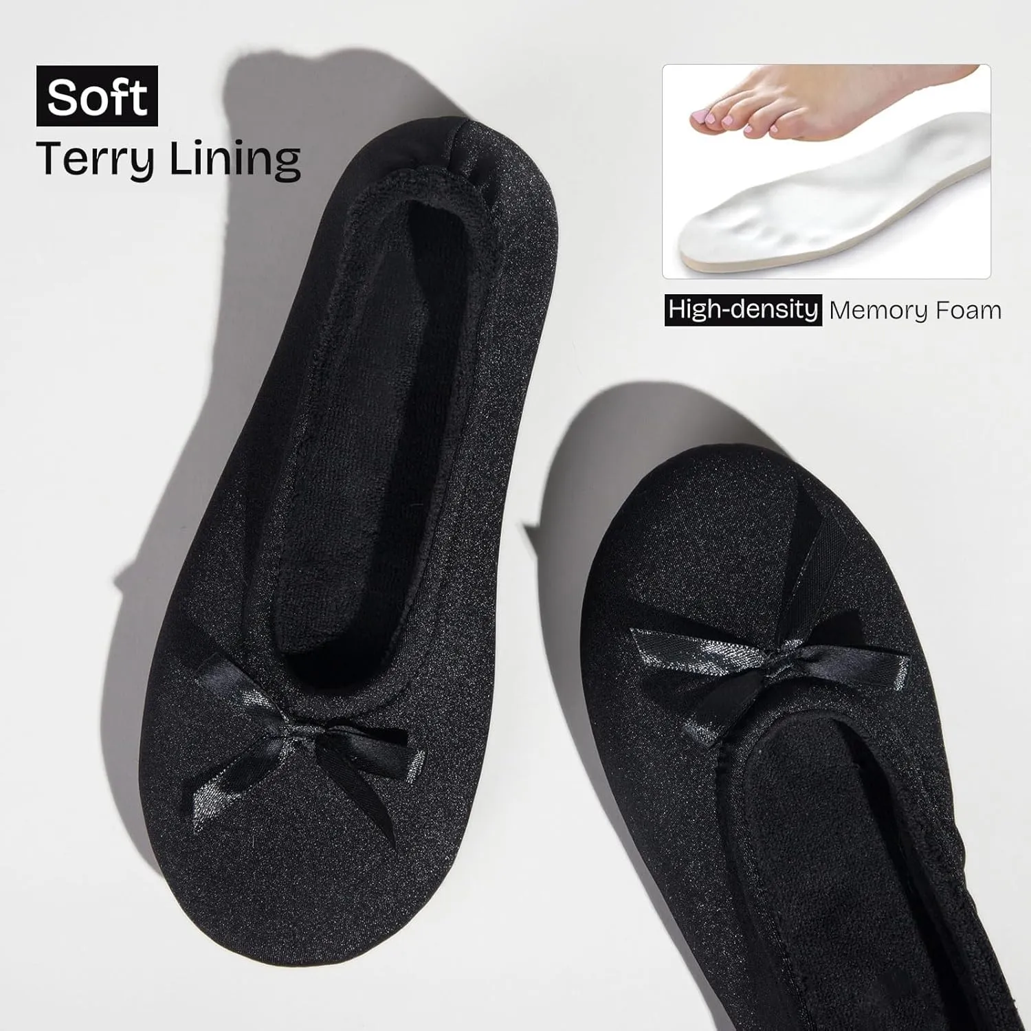 EverFoams Women's Satin Memory Foam Ballerina Slippers Cute House Shoes with Indoor Rubber Sole