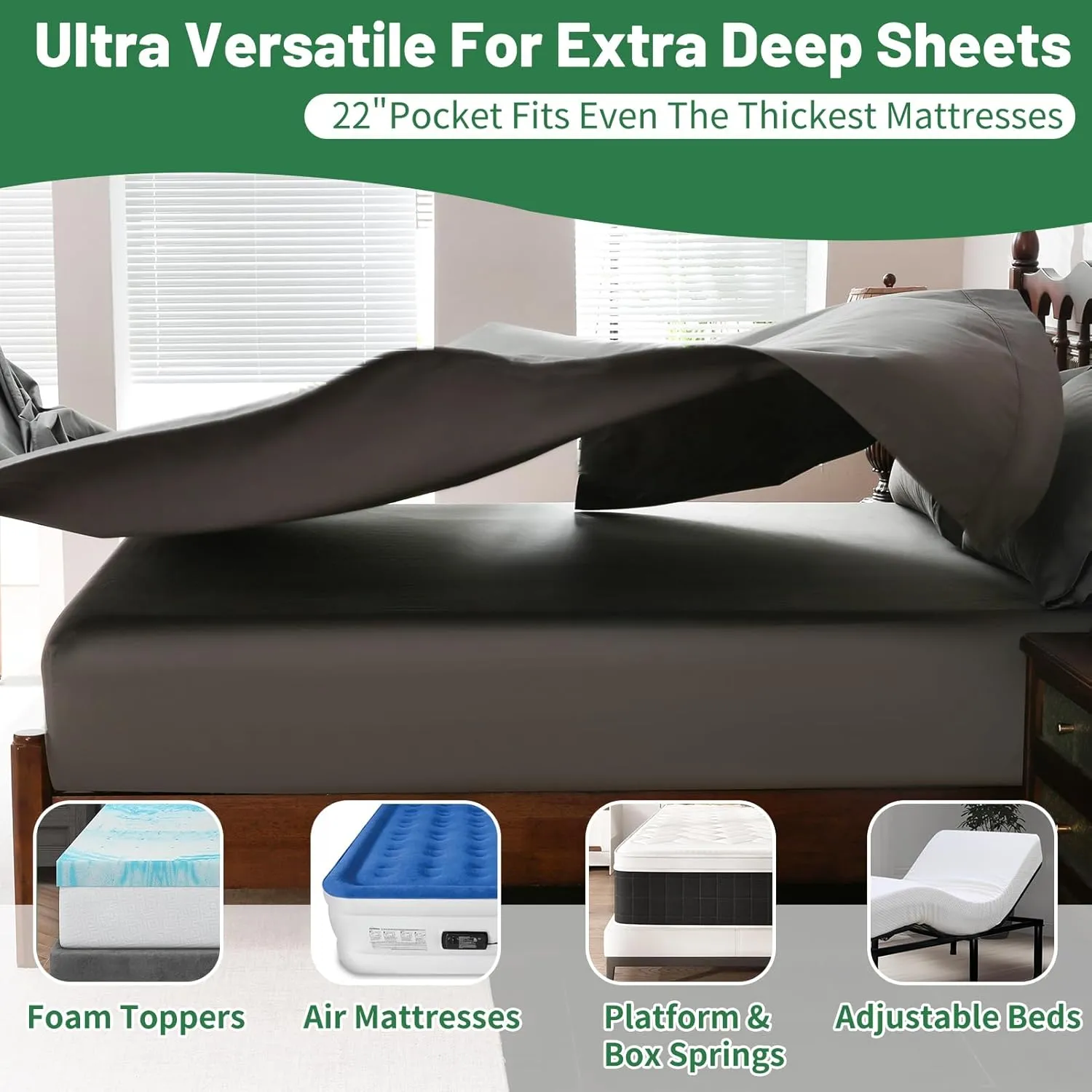 Extra Deep Pocket King Sheets 18-24 Inch 1000 Thread Count 100% Egyptian Cotton Sateen Weave Soft Breathable 4 Pieces（King，Dark Grey）