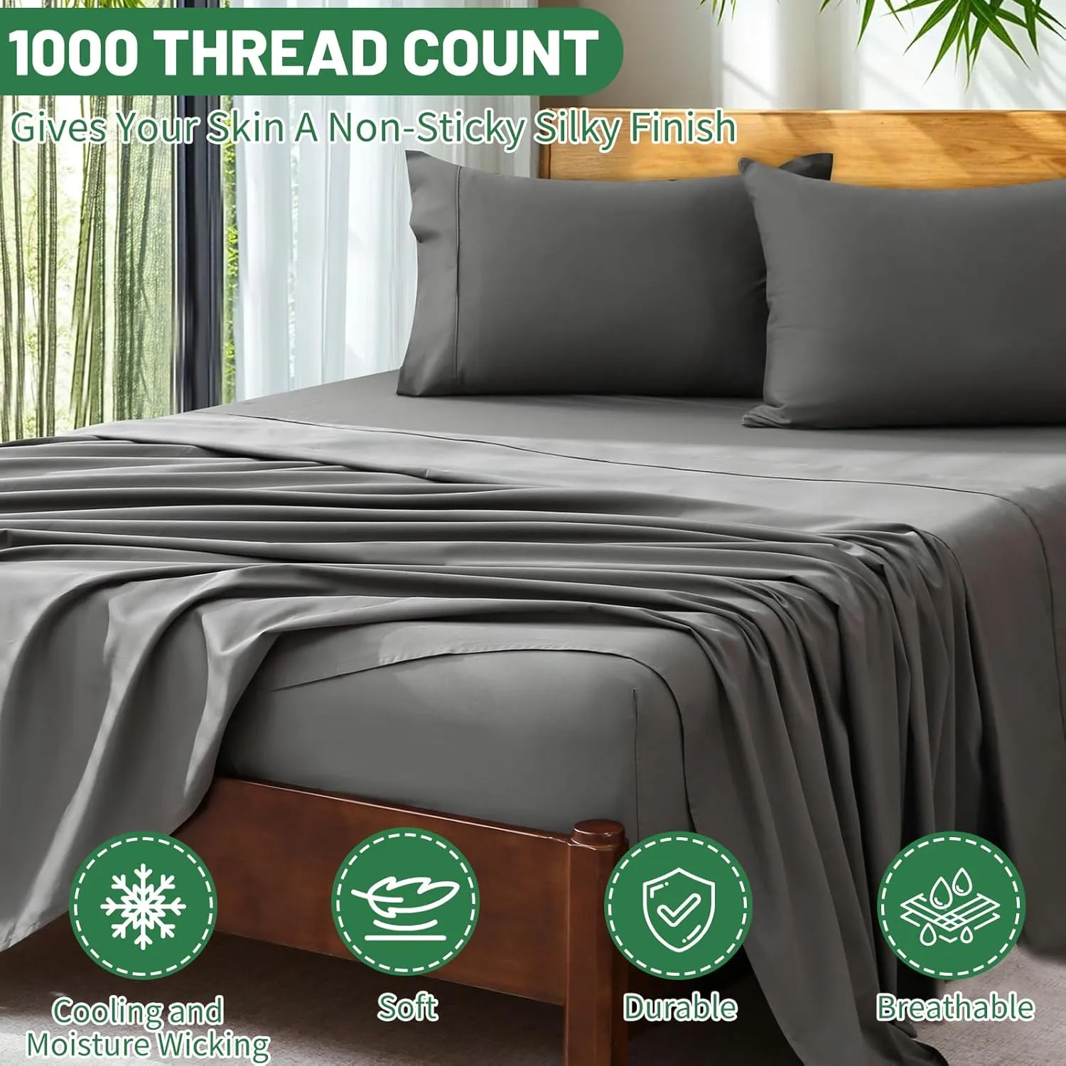 Extra Deep Pocket King Sheets 18-24 Inch 1000 Thread Count 100% Egyptian Cotton Sateen Weave Soft Breathable 4 Pieces（King，Dark Grey）