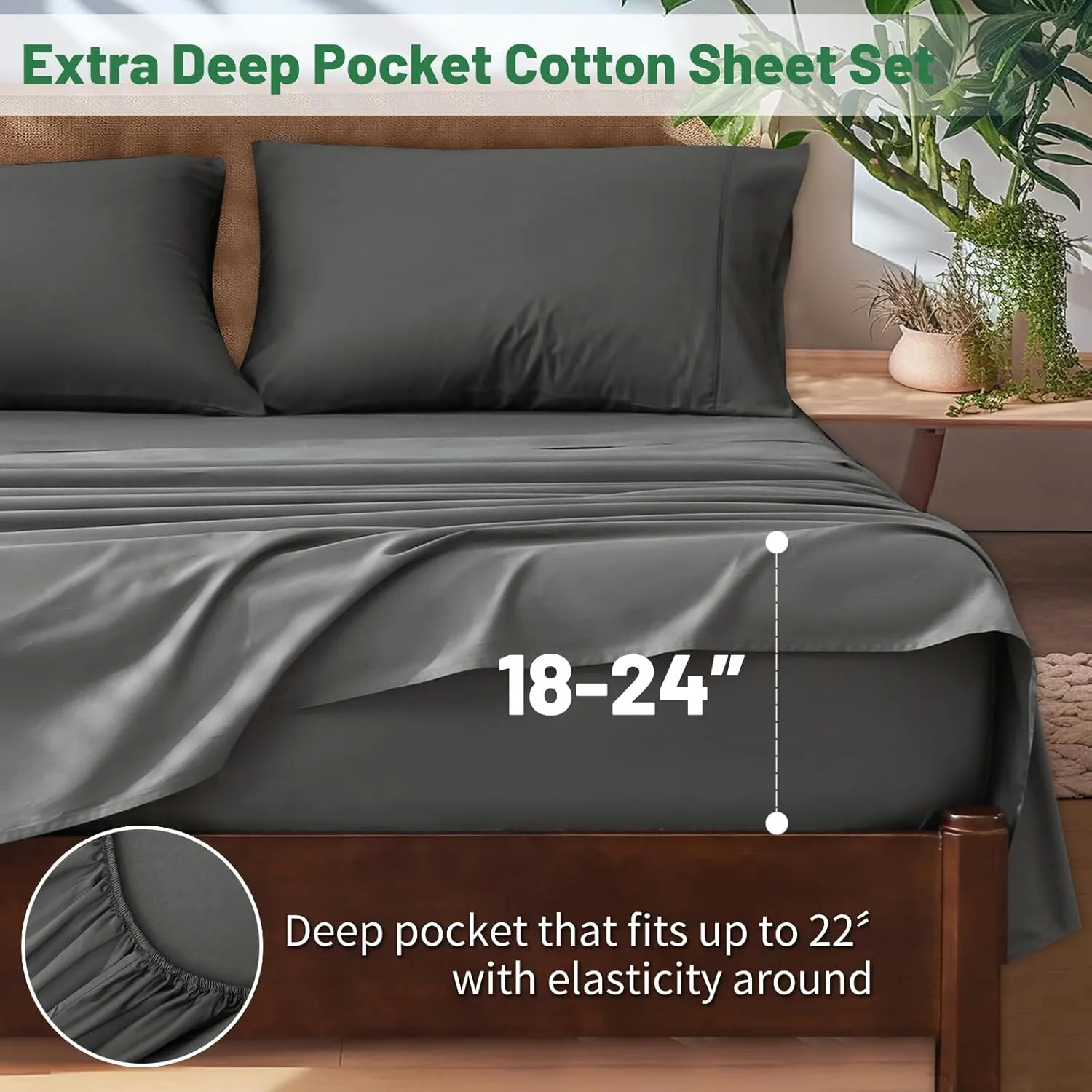 Extra Deep Pocket King Sheets 18-24 Inch 1000 Thread Count 100% Egyptian Cotton Sateen Weave Soft Breathable 4 Pieces（King，Dark Grey）