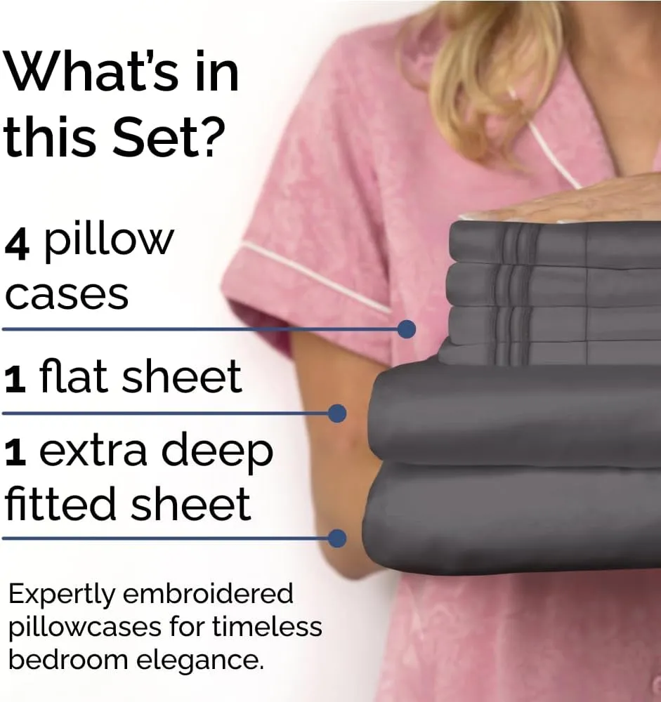 Extra Deep Queen Sheet Set - 6 Piece Breathable & Cooling Sheets - Hotel Luxury Bedding Set w/18-24 Inch Extra Deep Pockets - Easy & Secure Fit - Super Soft, Wrinkle Free and Comfy - Grey, Queen Size