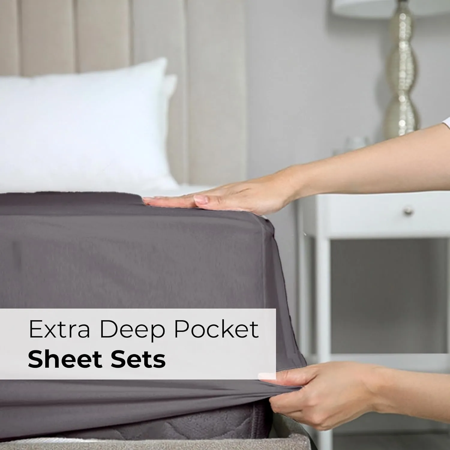 Extra Deep Queen Sheet Set - 6 Piece Breathable & Cooling Sheets - Hotel Luxury Bedding Set w/18-24 Inch Extra Deep Pockets - Easy & Secure Fit - Super Soft, Wrinkle Free and Comfy - Grey, Queen Size