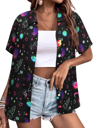 Ezcosplay Womens Space Button Down Shirts Funny Astronaut Universe Planet Solar System Galaxy Graphic Tees Tshirt Blouse