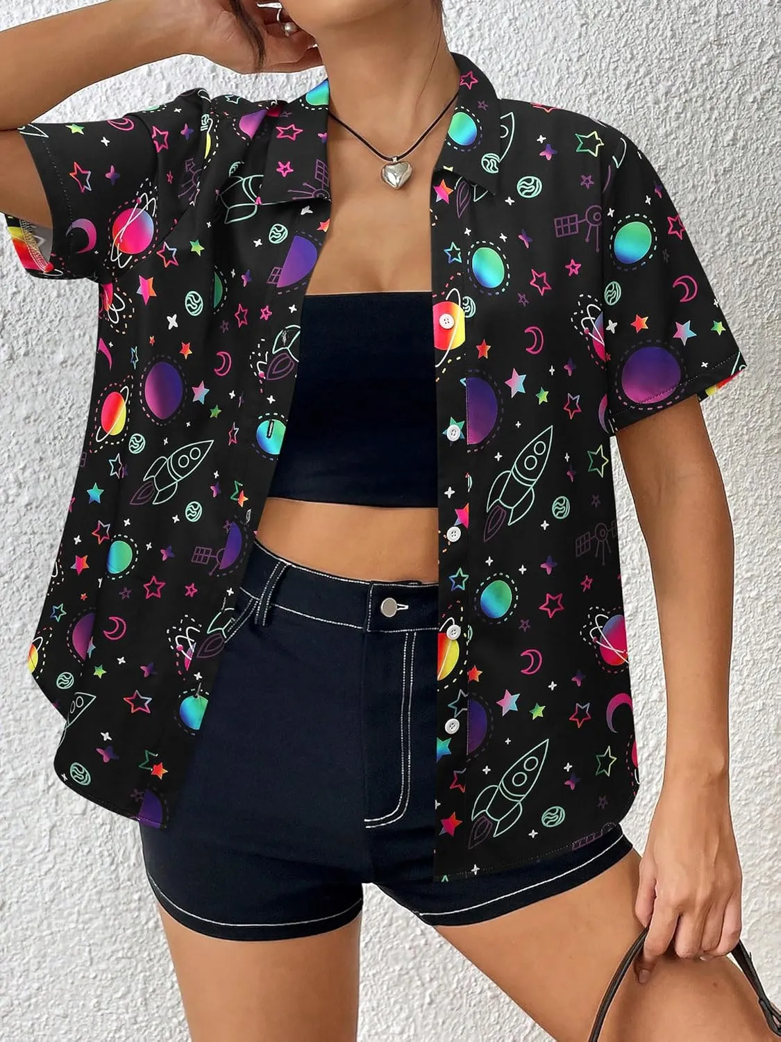 Ezcosplay Womens Space Button Down Shirts Funny Astronaut Universe Planet Solar System Galaxy Graphic Tees Tshirt Blouse