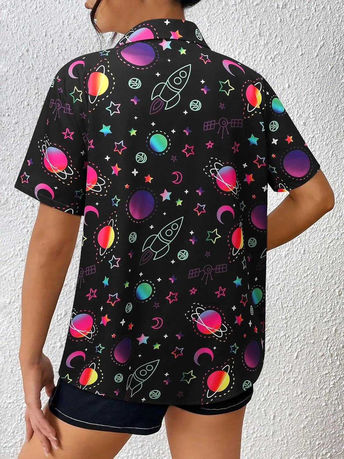 Ezcosplay Womens Space Button Down Shirts Funny Astronaut Universe Planet Solar System Galaxy Graphic Tees Tshirt Blouse