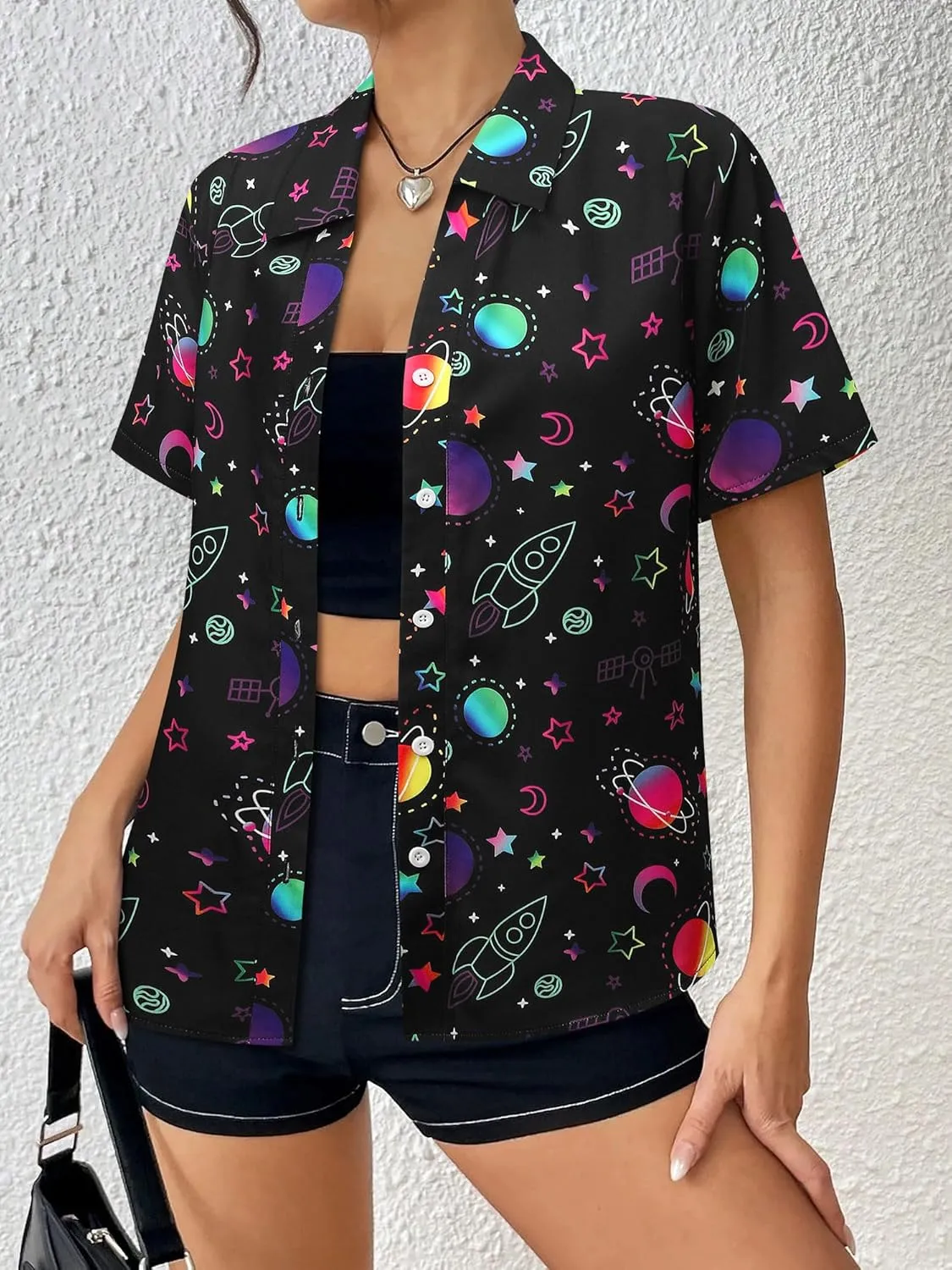 Ezcosplay Womens Space Button Down Shirts Funny Astronaut Universe Planet Solar System Galaxy Graphic Tees Tshirt Blouse
