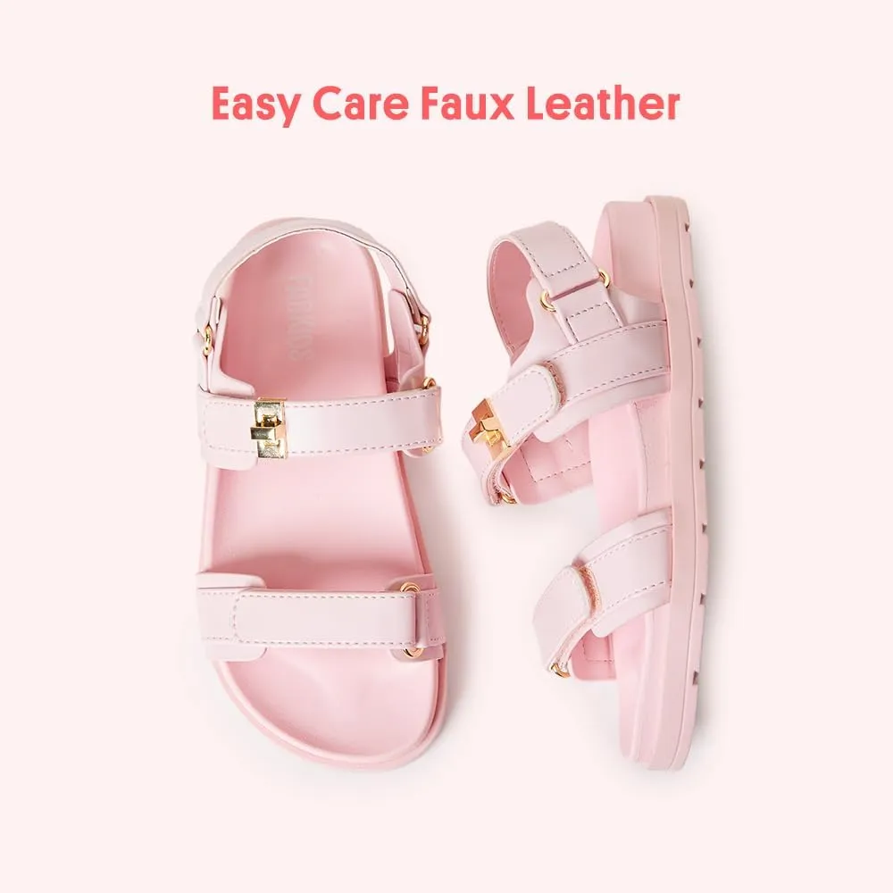 FabKids Girl's Flat Sandals Comfort Adjustable Double Strap Slip on Leather Footbed Sandals for Toddler Little Kid Big Kid