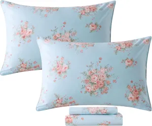 FADFAY Sheets Set Full Blue Rose Floral Bedding Rustic Peony Flower Bed Sheet Set Vintage Farmhouse Bedding 100% Cotton Ultra Soft Breathable Beddings with Deep Pocket Fitted Sheet 4Pcs, Full Size