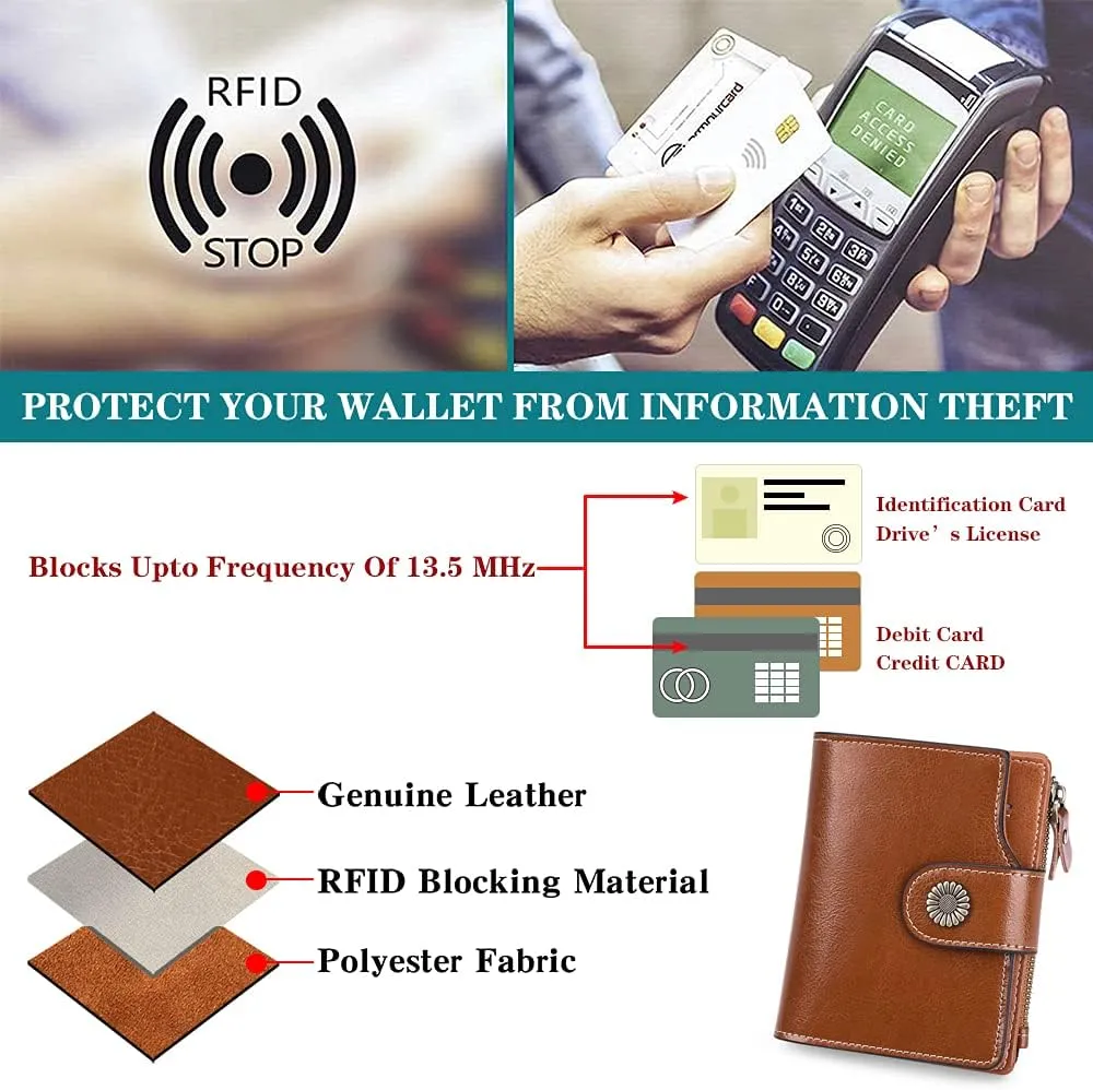 FALAN MULE Genuine Leather Small Wallet for Women, RFID Blocking, Compact Size, Brown