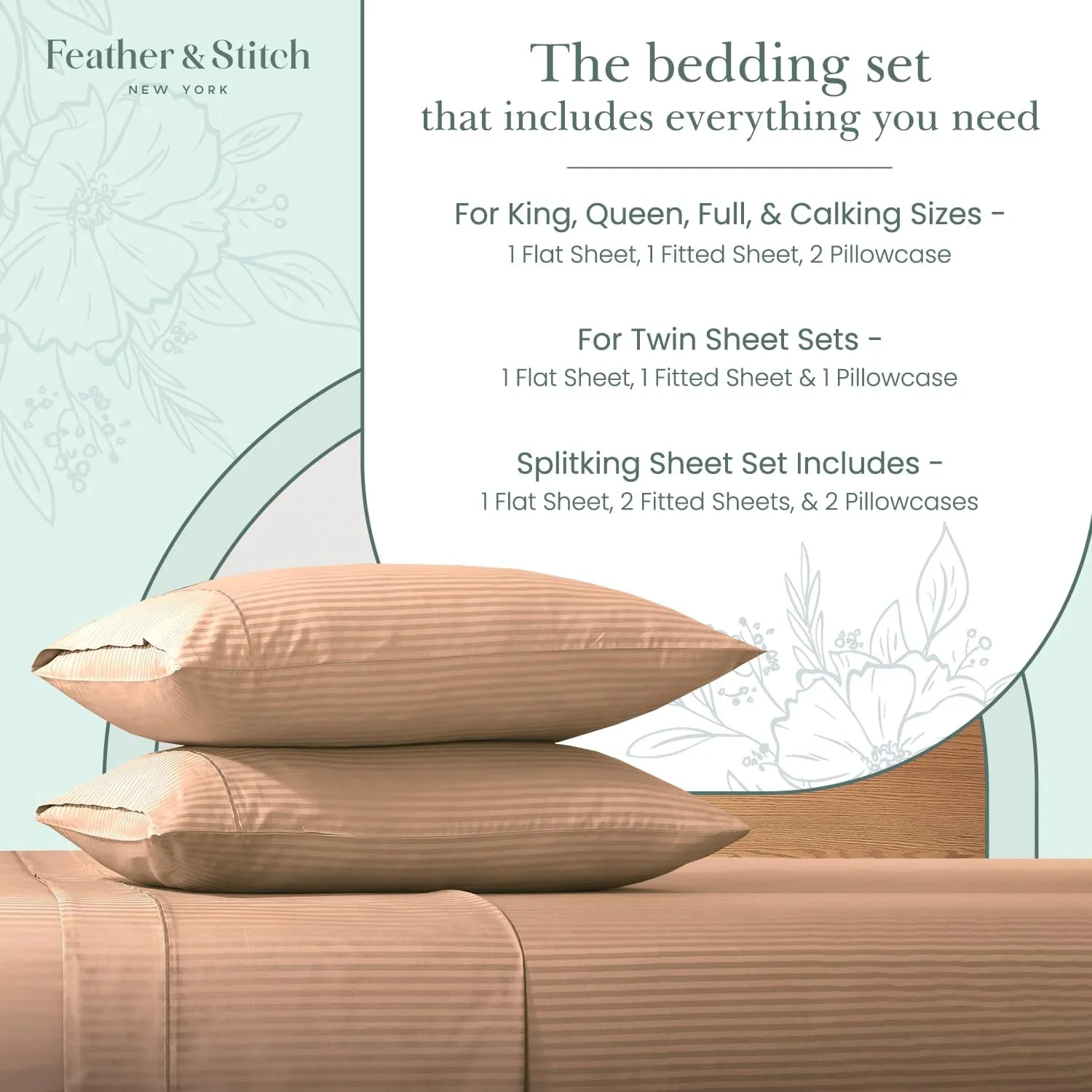 Feather & Stitch 500 TC California King Size Damask Bed Sheet Set, 100% Cotton Soft Breathable Bedsheets, 4 Piece 18" Deep Pockets Sateen Weave Striped Bedding Mattress Resort Hotel(Maple Sugar)