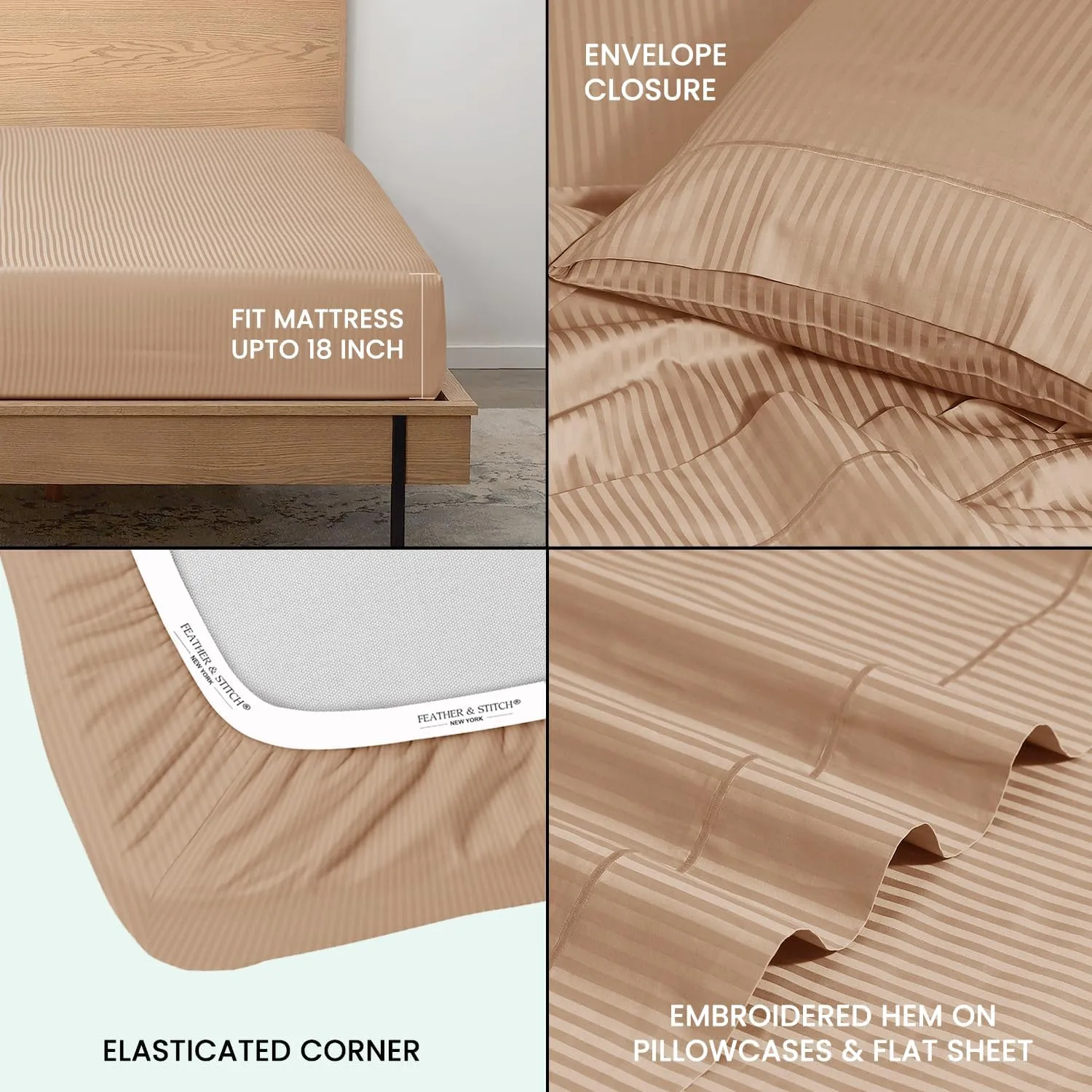 Feather & Stitch 500 TC California King Size Damask Bed Sheet Set, 100% Cotton Soft Breathable Bedsheets, 4 Piece 18" Deep Pockets Sateen Weave Striped Bedding Mattress Resort Hotel(Maple Sugar)