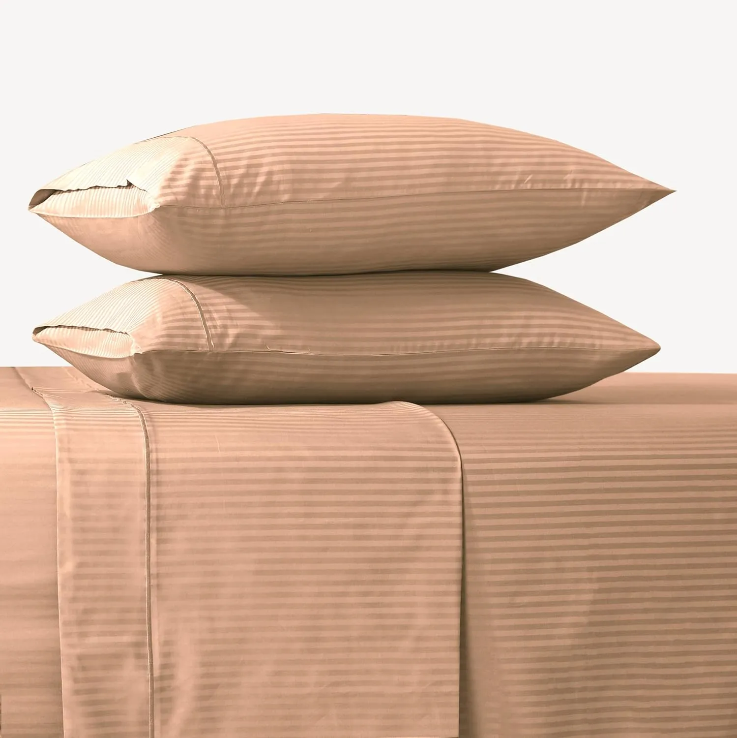 Feather & Stitch 500 TC California King Size Damask Bed Sheet Set, 100% Cotton Soft Breathable Bedsheets, 4 Piece 18" Deep Pockets Sateen Weave Striped Bedding Mattress Resort Hotel(Maple Sugar)