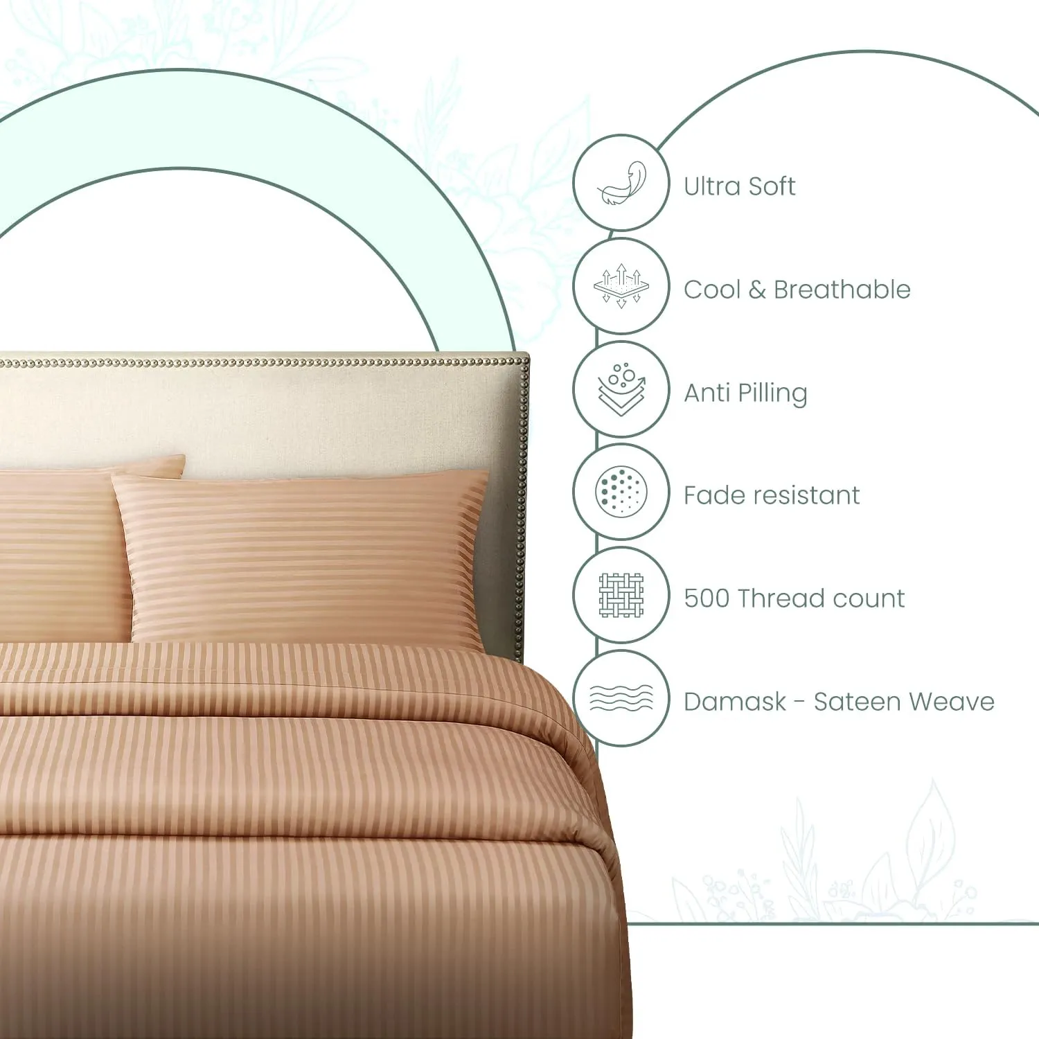 Feather & Stitch 500 TC California King Size Damask Bed Sheet Set, 100% Cotton Soft Breathable Bedsheets, 4 Piece 18" Deep Pockets Sateen Weave Striped Bedding Mattress Resort Hotel(Maple Sugar)