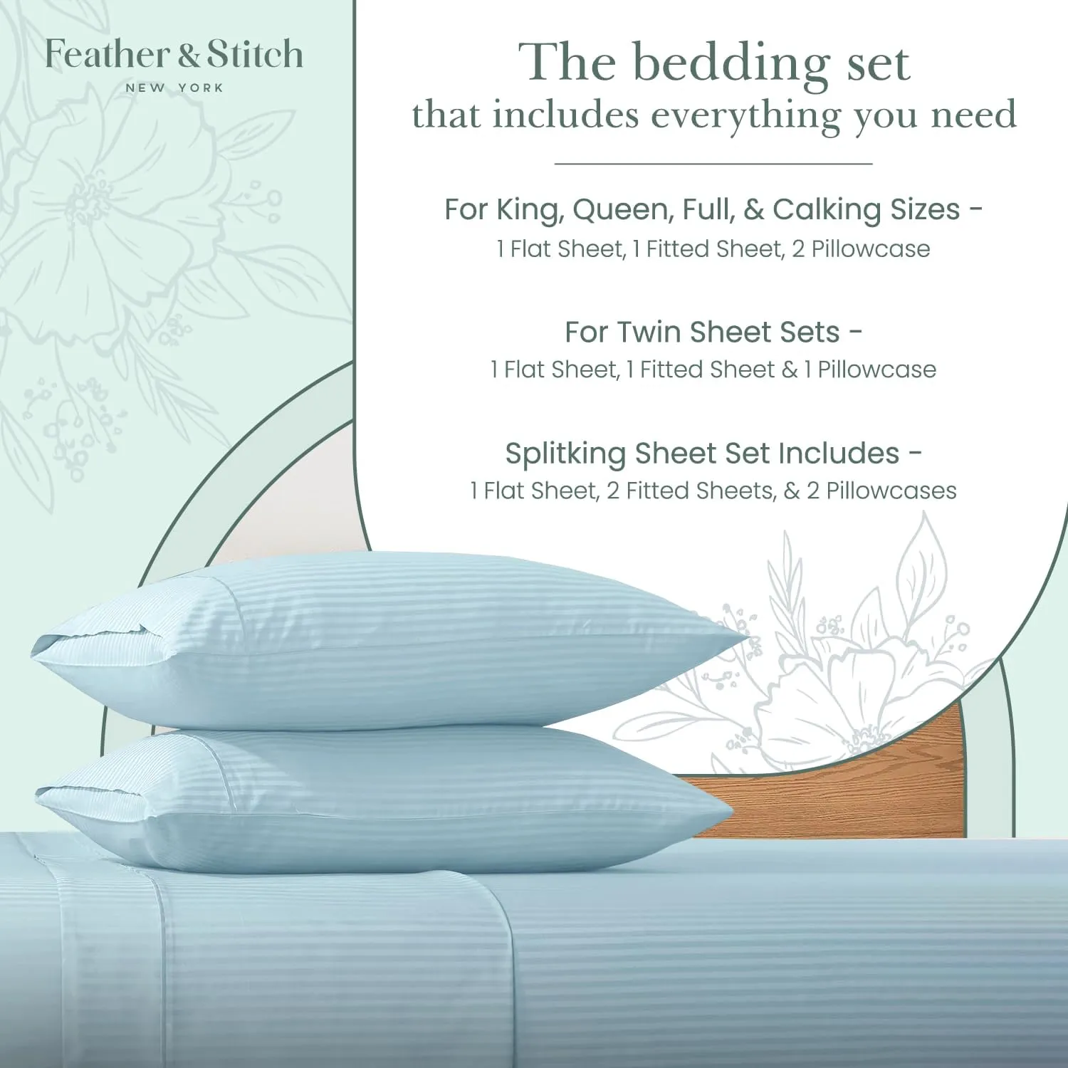 Feather & Stitch 500 TC King Size Damask Bed Sheet Set, 100% Cotton Soft Breathable Bedsheets, 4 Piece 18" Deep Pockets Sateen Weave Striped Bedding Mattress Resort Hotel Luxury- (Aqua, King)