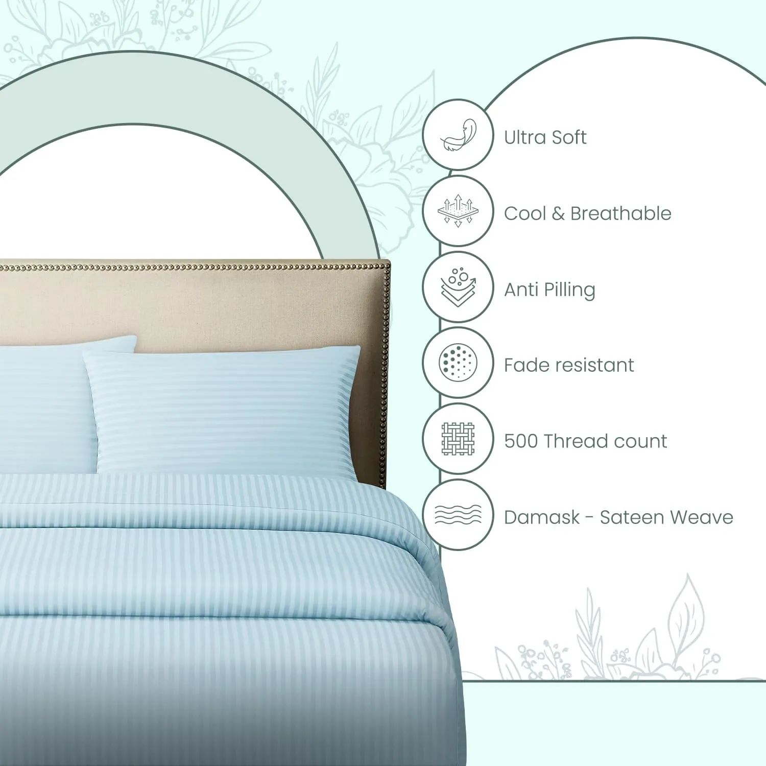 Feather & Stitch 500 TC King Size Damask Bed Sheet Set, 100% Cotton Soft Breathable Bedsheets, 4 Piece 18" Deep Pockets Sateen Weave Striped Bedding Mattress Resort Hotel Luxury- (Aqua, King)