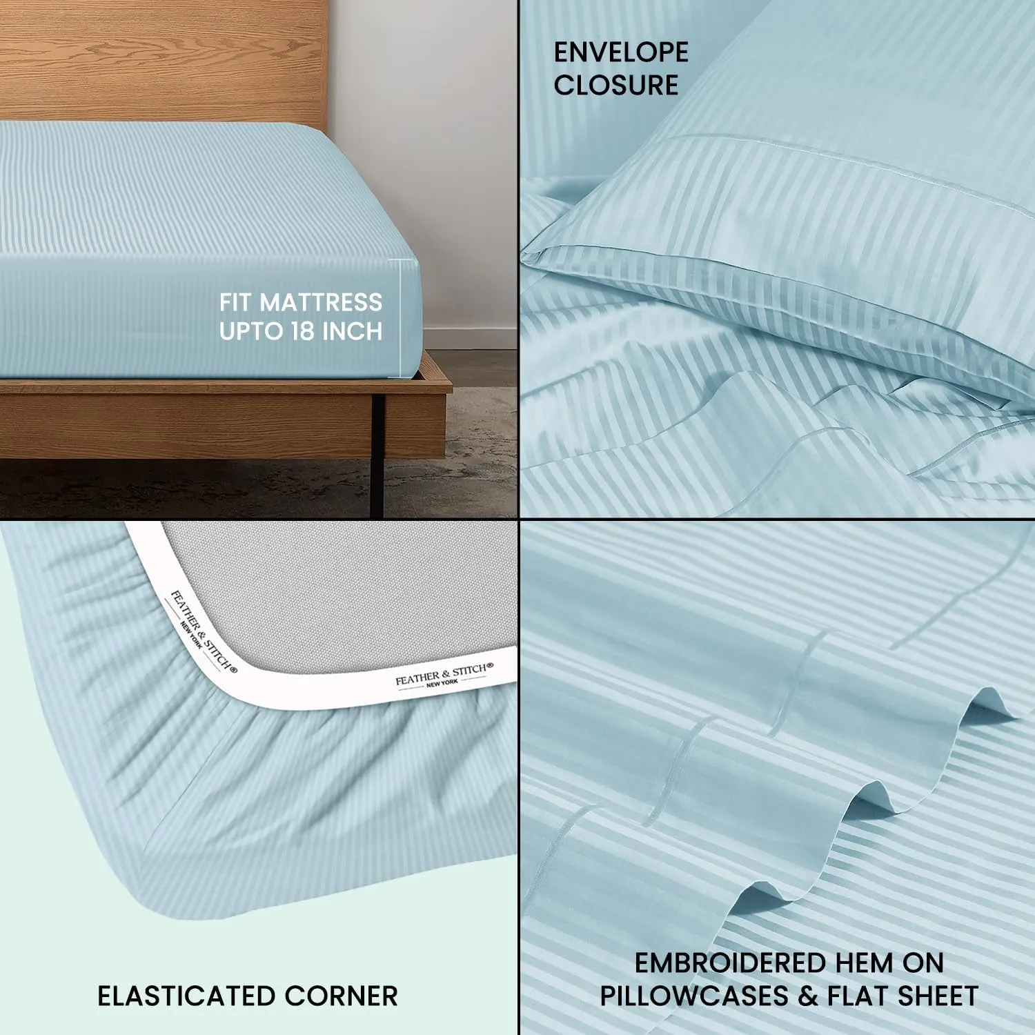Feather & Stitch 500 TC King Size Damask Bed Sheet Set, 100% Cotton Soft Breathable Bedsheets, 4 Piece 18" Deep Pockets Sateen Weave Striped Bedding Mattress Resort Hotel Luxury- (Aqua, King)