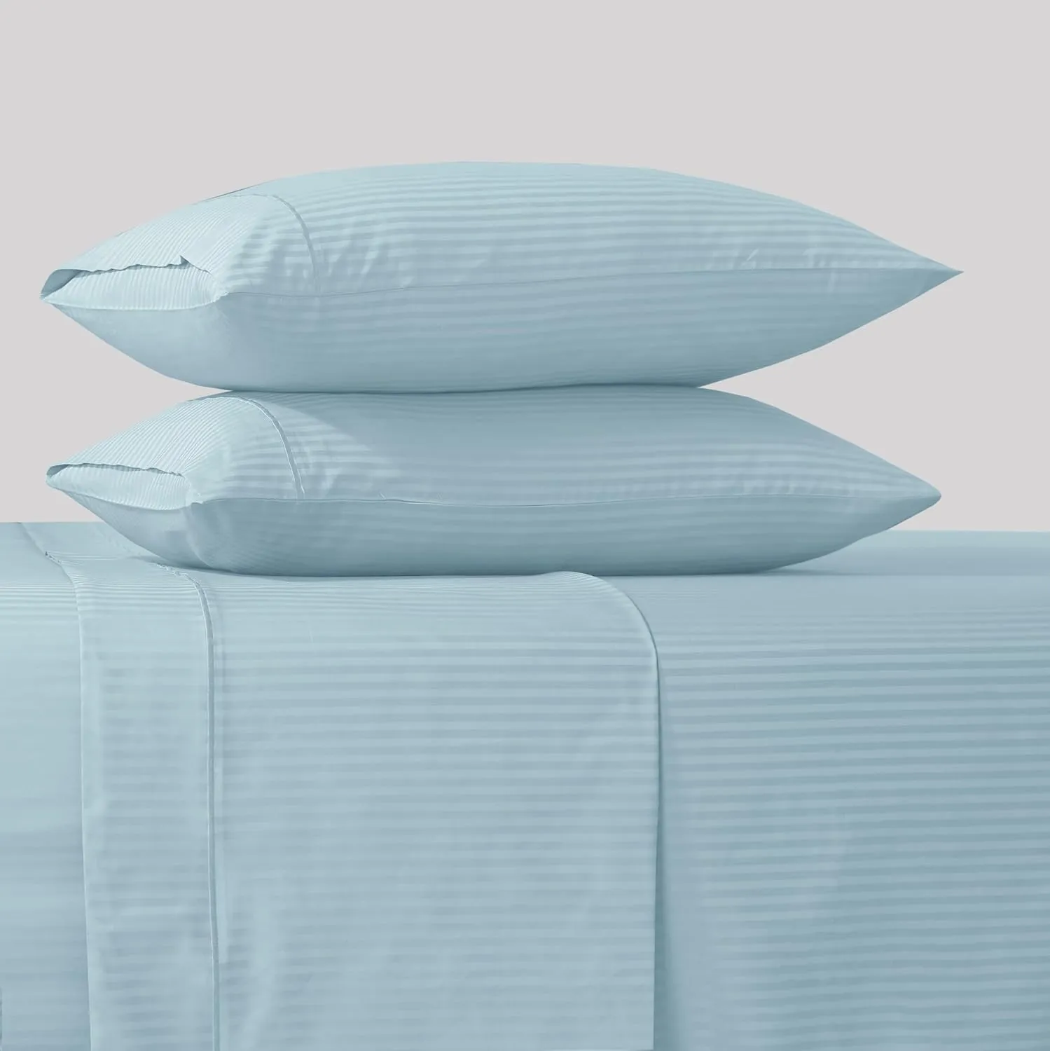 Feather & Stitch 500 TC King Size Damask Bed Sheet Set, 100% Cotton Soft Breathable Bedsheets, 4 Piece 18" Deep Pockets Sateen Weave Striped Bedding Mattress Resort Hotel Luxury- (Aqua, King)