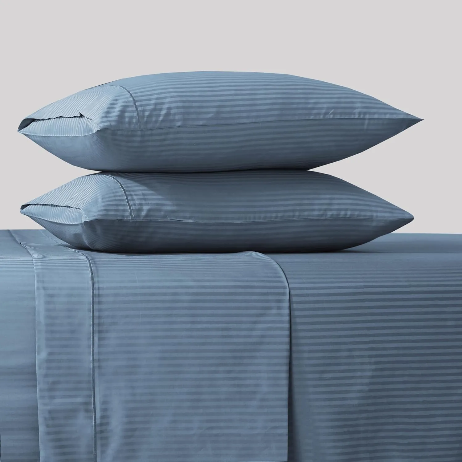Feather & Stitch 500 TC King Size Damask Bed Sheet Set, 100% Cotton Soft Breathable Bedsheets, 4 Piece 18" Deep Pockets Sateen Weave Striped Bedding Mattress Resort Hotel Luxury- (Blue, King)
