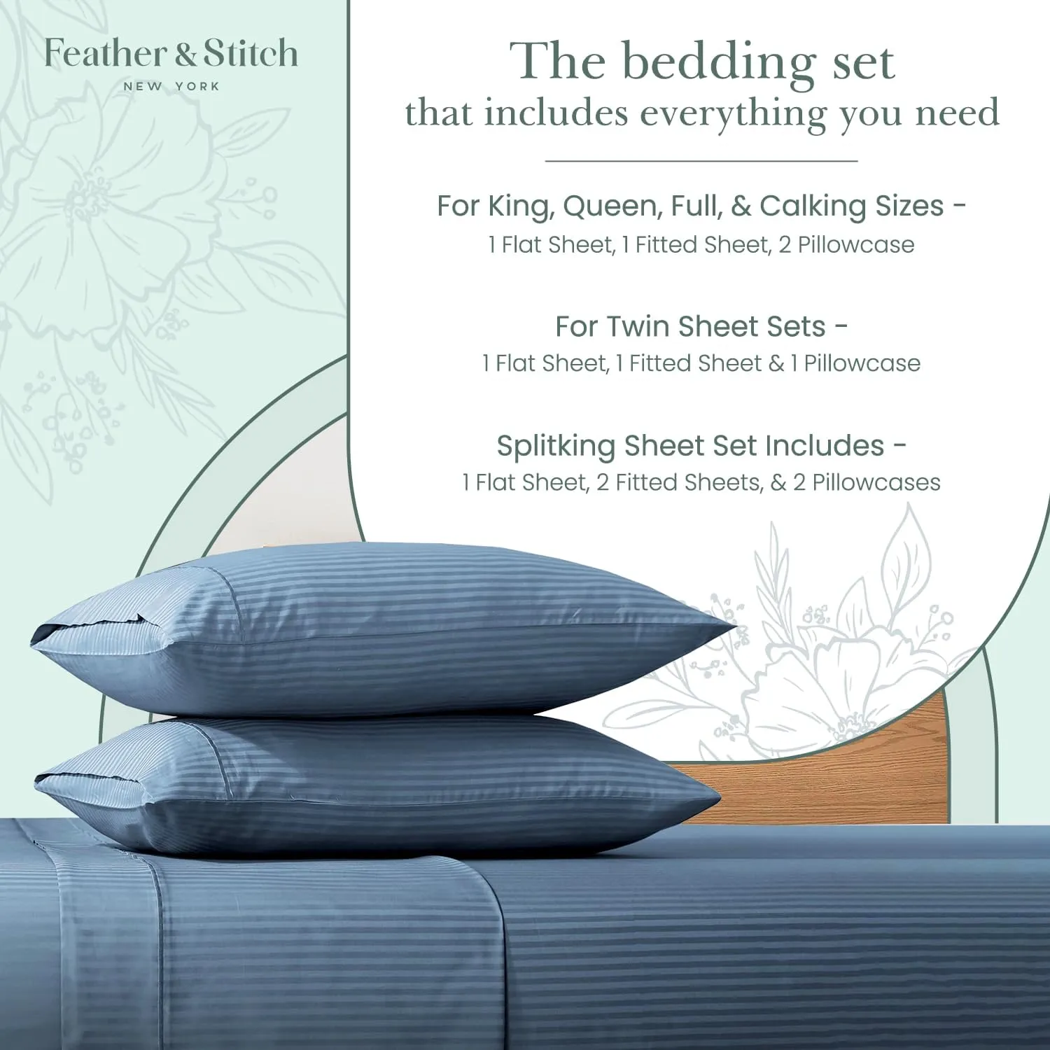 Feather & Stitch 500 TC King Size Damask Bed Sheet Set, 100% Cotton Soft Breathable Bedsheets, 4 Piece 18" Deep Pockets Sateen Weave Striped Bedding Mattress Resort Hotel Luxury- (Blue, King)