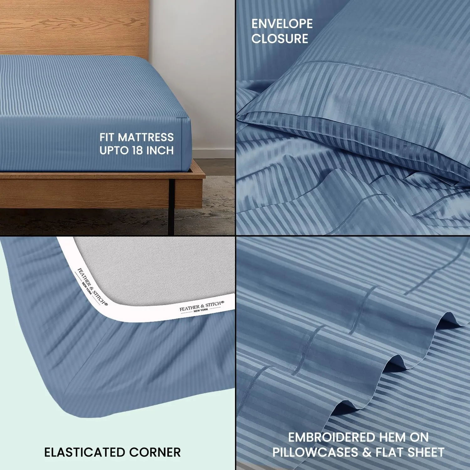 Feather & Stitch 500 TC King Size Damask Bed Sheet Set, 100% Cotton Soft Breathable Bedsheets, 4 Piece 18" Deep Pockets Sateen Weave Striped Bedding Mattress Resort Hotel Luxury- (Blue, King)