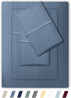 Feather & Stitch 500 TC King Size Damask Bed Sheet Set, 100% Cotton Soft Breathable Bedsheets, 4 Piece 18" Deep Pockets Sateen Weave Striped Bedding Mattress Resort Hotel Luxury- (Blue, King)