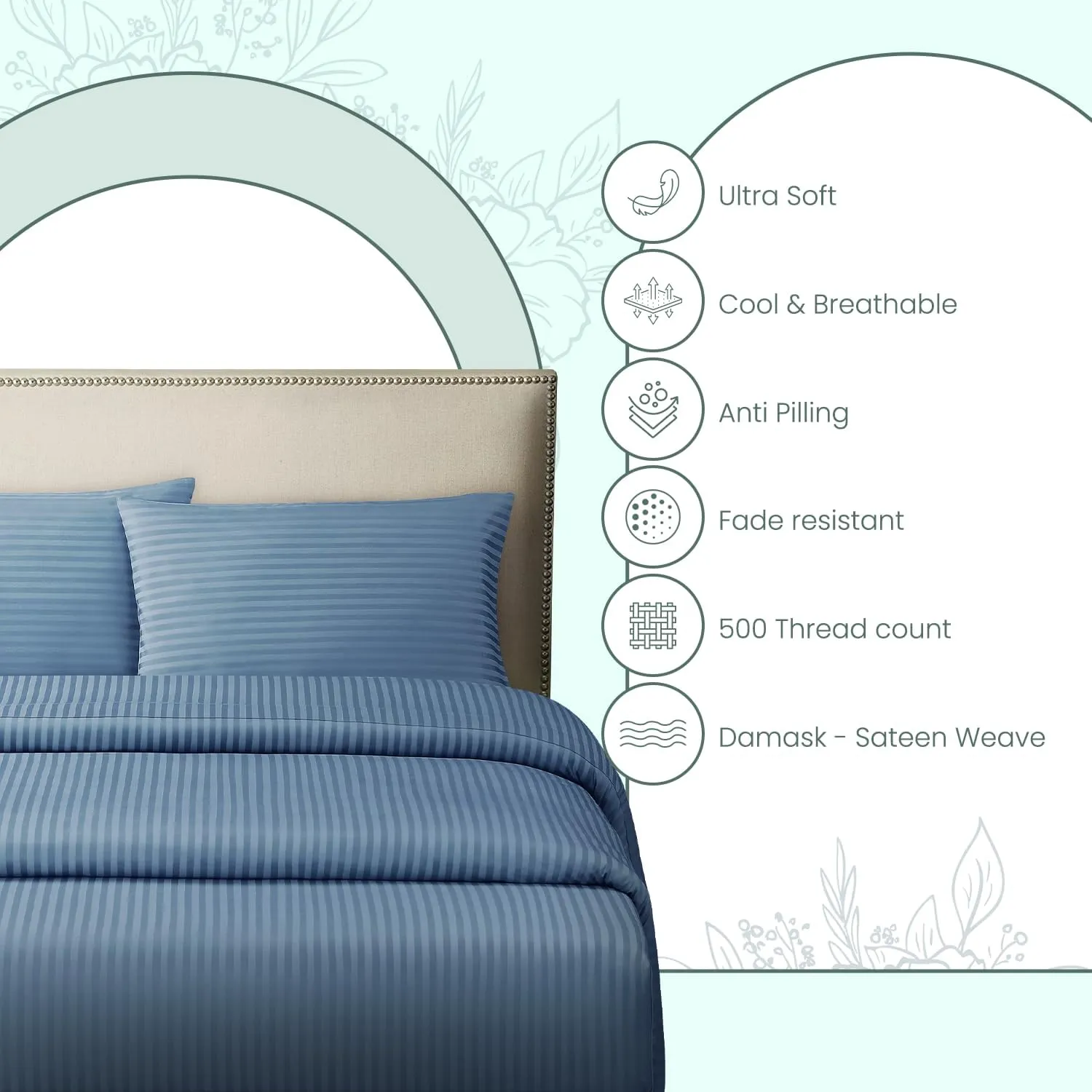 Feather & Stitch 500 TC King Size Damask Bed Sheet Set, 100% Cotton Soft Breathable Bedsheets, 4 Piece 18" Deep Pockets Sateen Weave Striped Bedding Mattress Resort Hotel Luxury- (Blue, King)