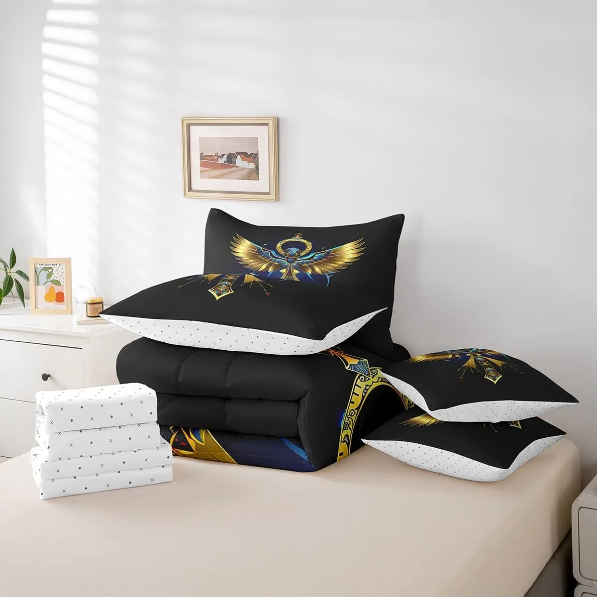 Feelyou Ancient Egypt Comforter Set Queen Size 7 Pieces Golden Wings Bed in a Bag Egypt Culture Bedding Set for Kids Tribal Egyptian Bed Set with Comforter Sheets Pillowcases Pillow Cover Gold Black