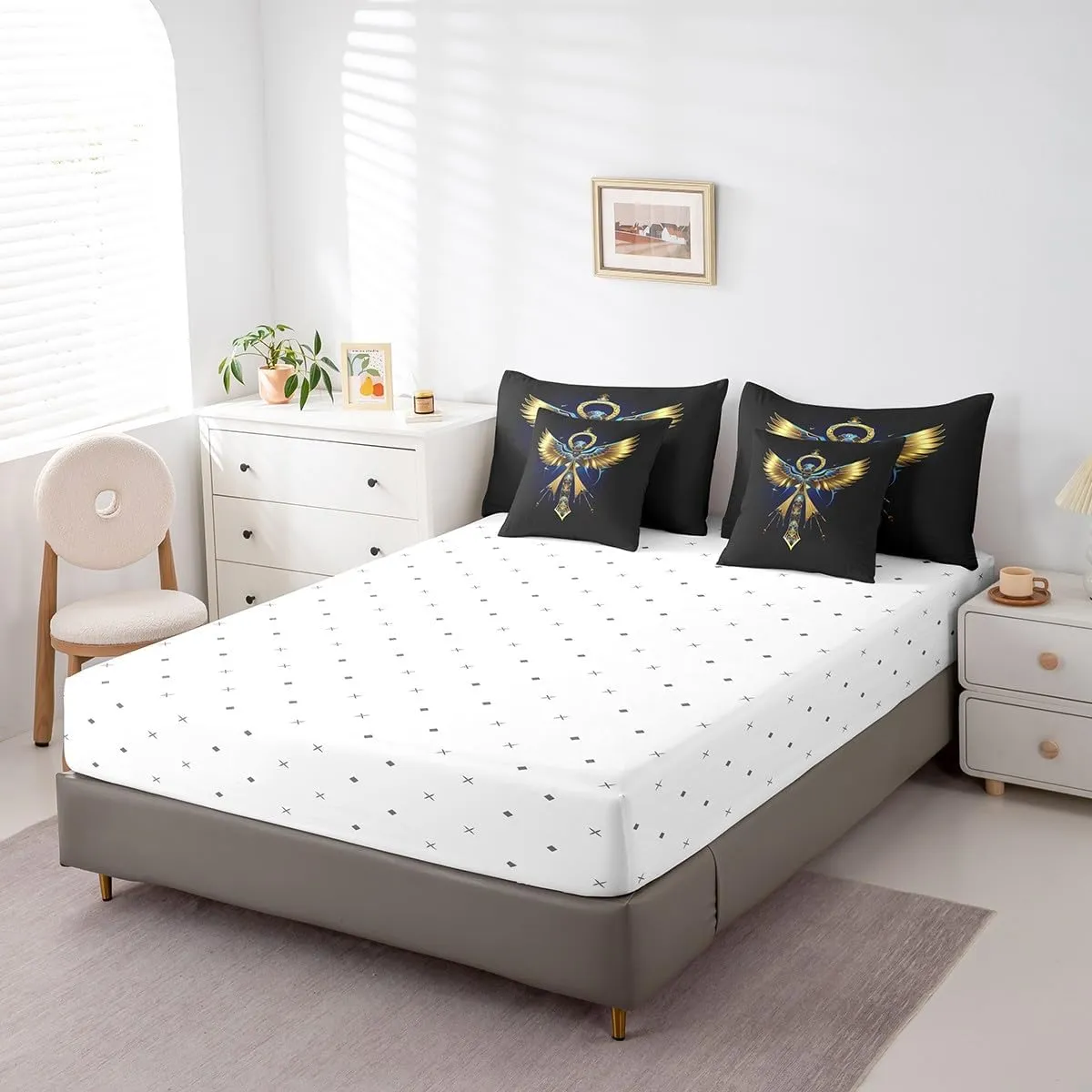 Feelyou Ancient Egypt Comforter Set Queen Size 7 Pieces Golden Wings Bed in a Bag Egypt Culture Bedding Set for Kids Tribal Egyptian Bed Set with Comforter Sheets Pillowcases Pillow Cover Gold Black