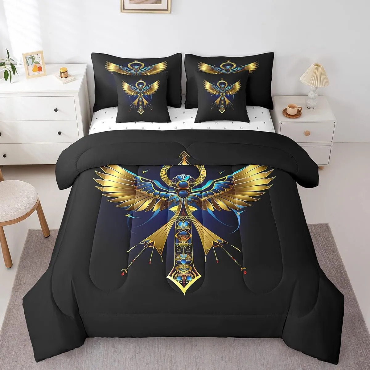 Feelyou Ancient Egypt Comforter Set Queen Size 7 Pieces Golden Wings Bed in a Bag Egypt Culture Bedding Set for Kids Tribal Egyptian Bed Set with Comforter Sheets Pillowcases Pillow Cover Gold Black