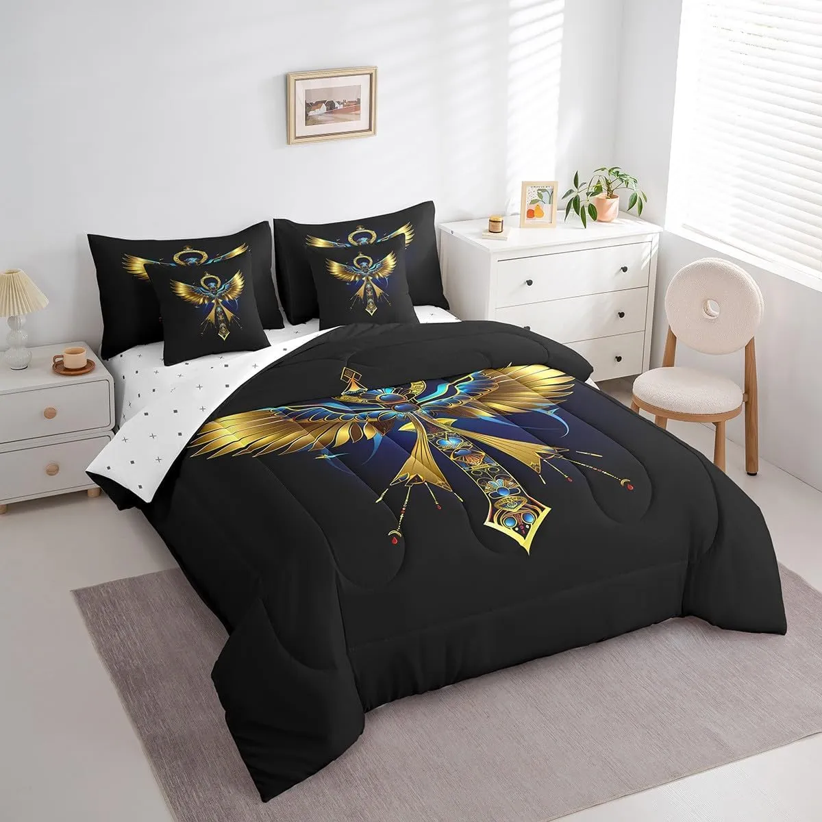Feelyou Ancient Egypt Comforter Set Queen Size 7 Pieces Golden Wings Bed in a Bag Egypt Culture Bedding Set for Kids Tribal Egyptian Bed Set with Comforter Sheets Pillowcases Pillow Cover Gold Black