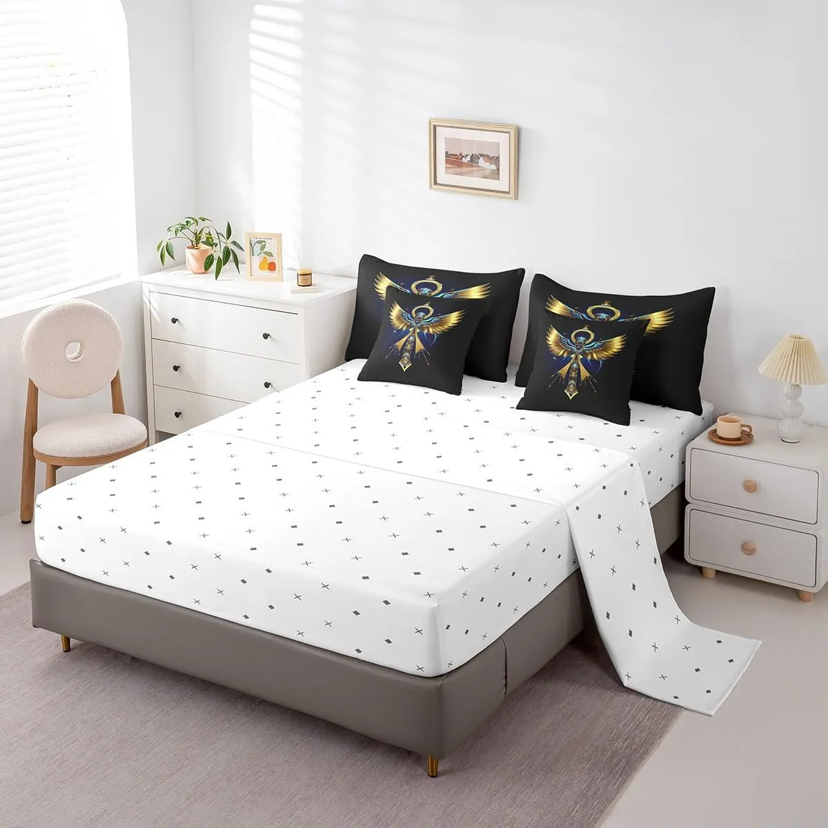 Feelyou Ancient Egypt Comforter Set Queen Size 7 Pieces Golden Wings Bed in a Bag Egypt Culture Bedding Set for Kids Tribal Egyptian Bed Set with Comforter Sheets Pillowcases Pillow Cover Gold Black